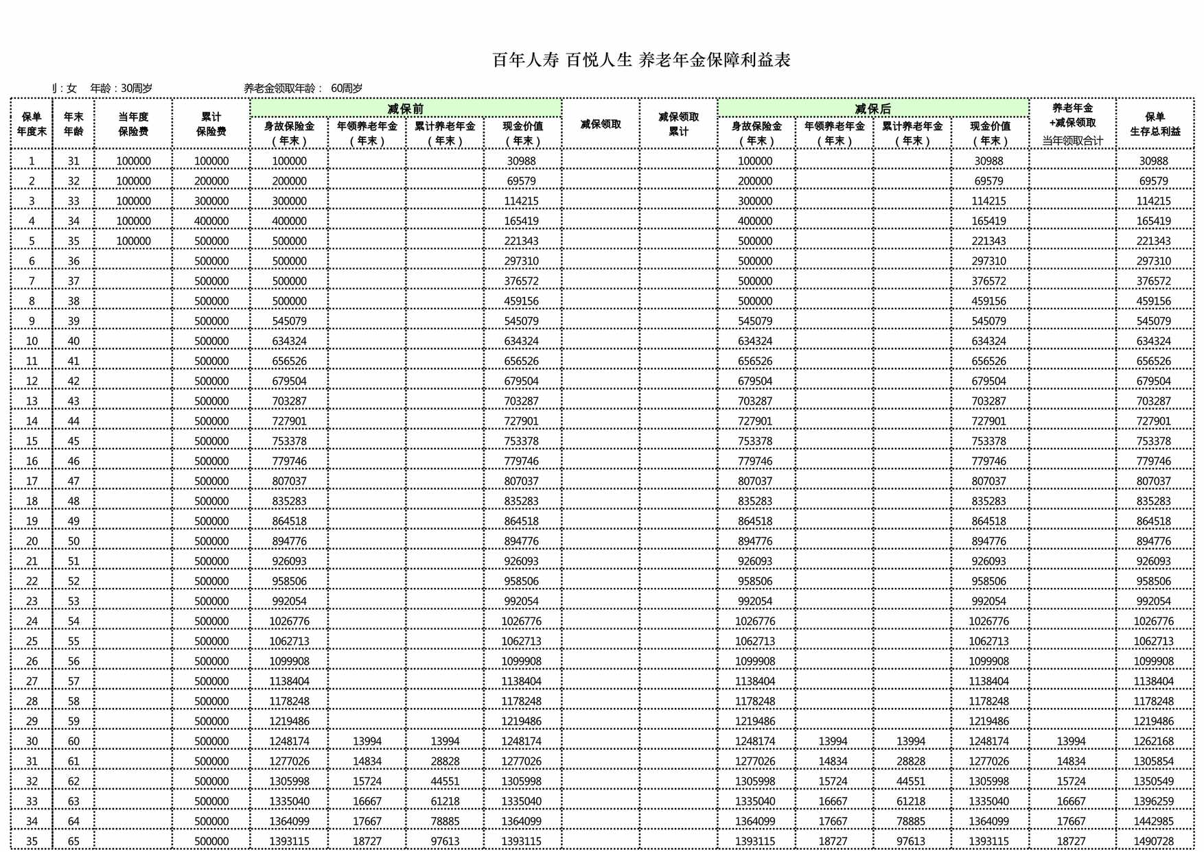 “百年人寿百悦人生养老年金简易计划书XLS”第1页图片