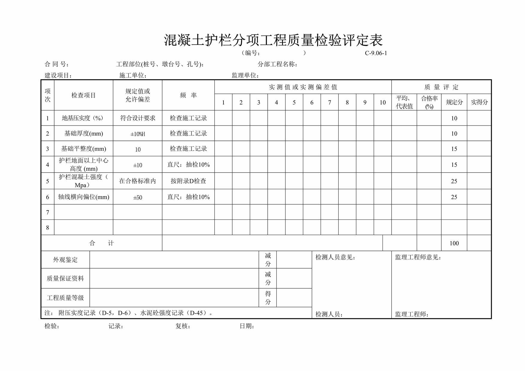 “混凝土护栏分项质量检验评定表DOC”第1页图片