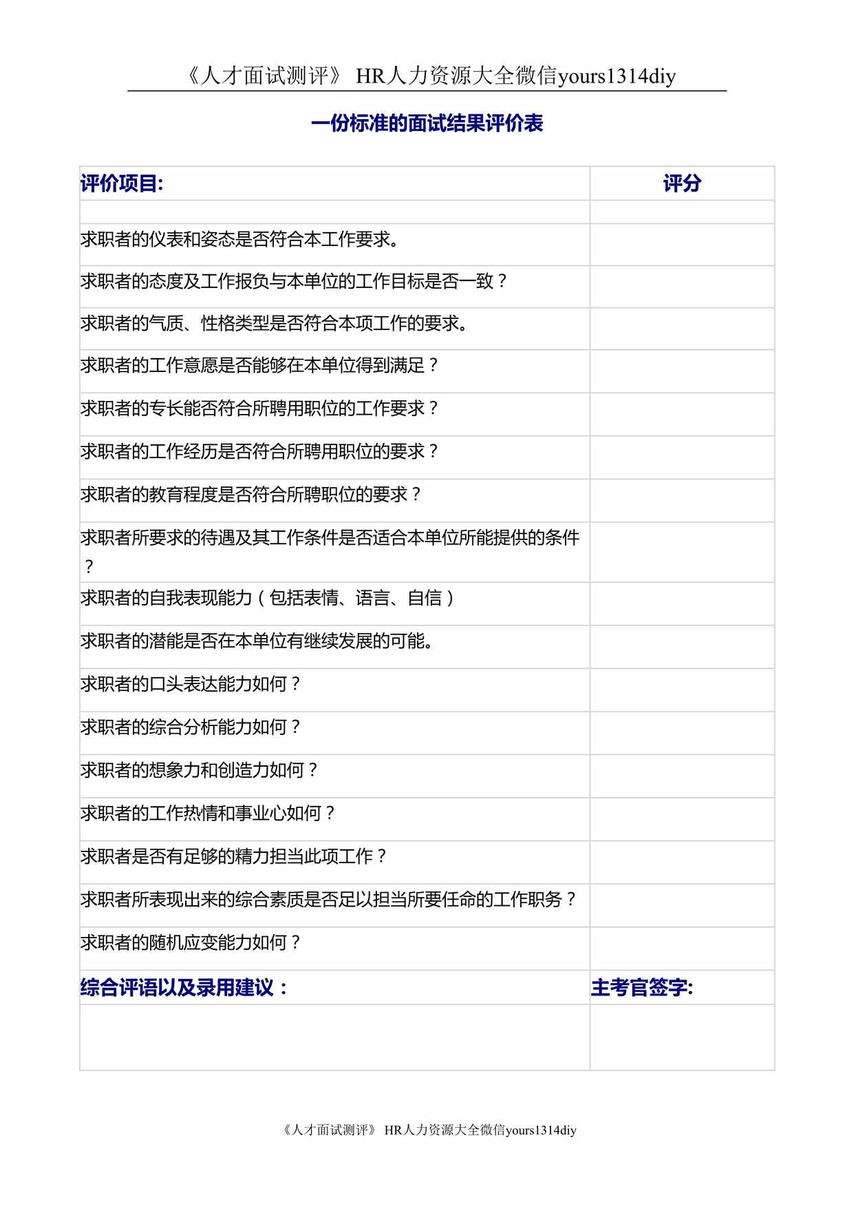 “标准的面试结果评价表DOC”第1页图片