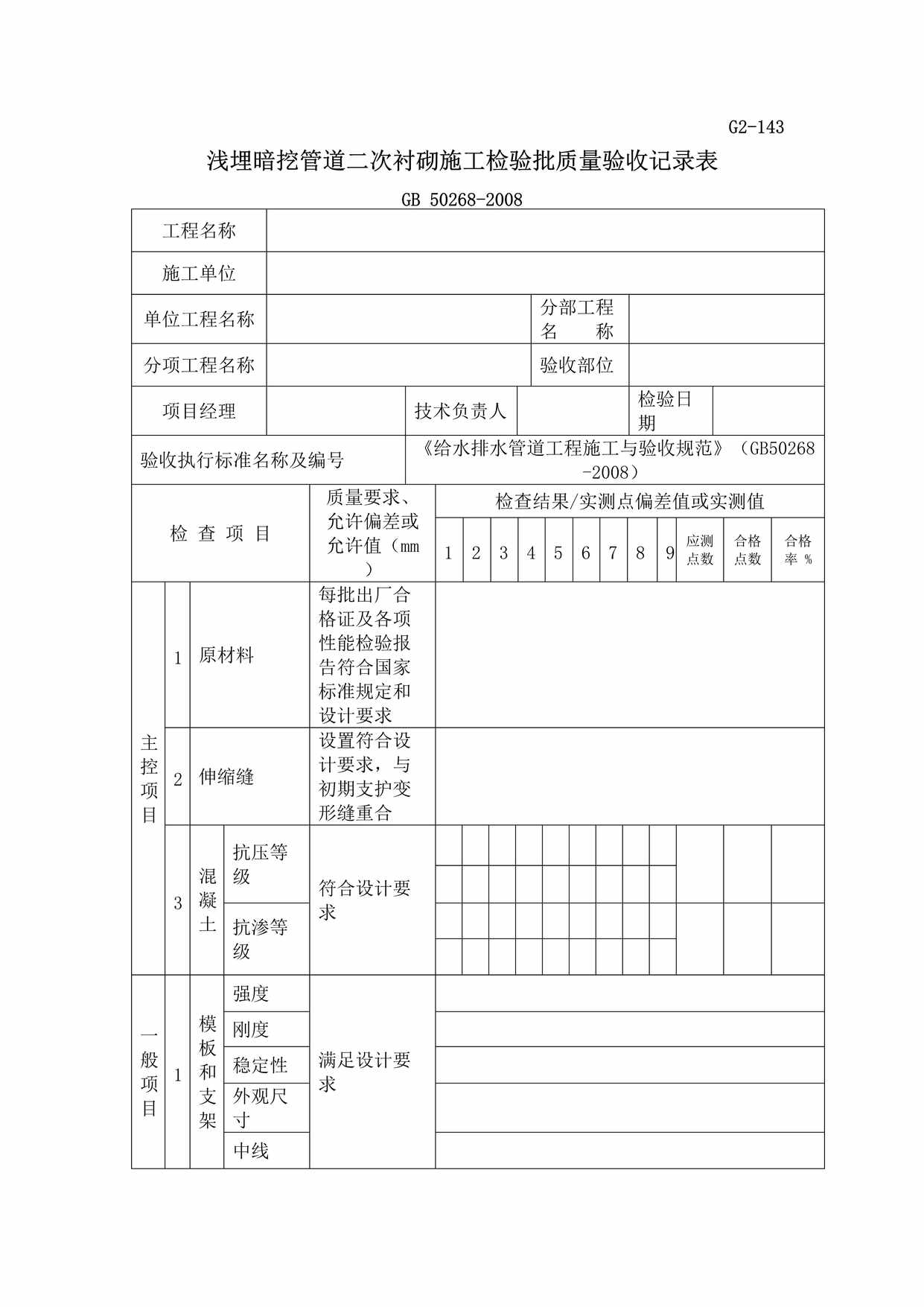 “G2143浅埋暗挖管道二次衬砌施工检验批质量验收记录DOC”第1页图片