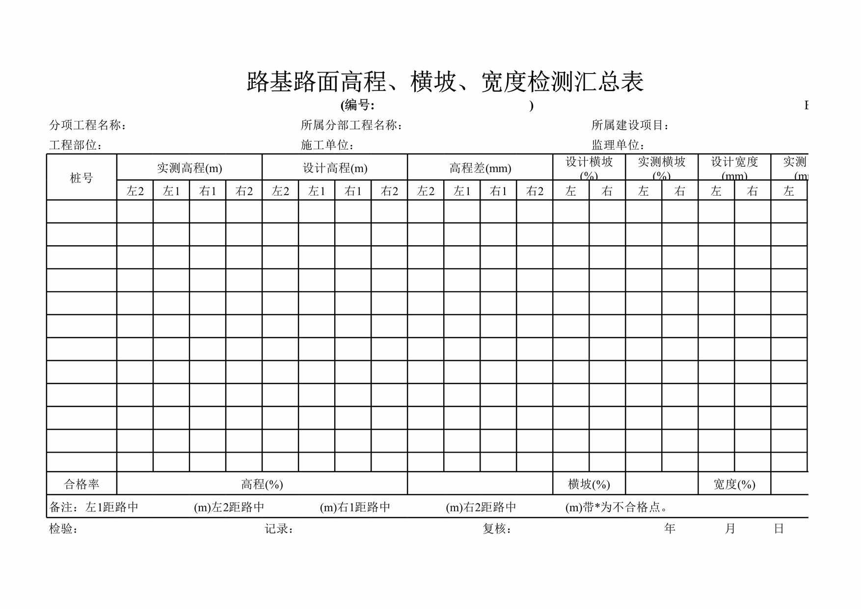 “B路基路面高程横坡宽度检测汇总表XLS”第1页图片