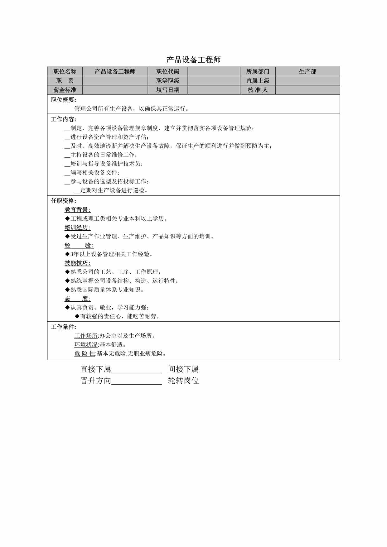 “产品设备工程师职位说明书DOC”第1页图片