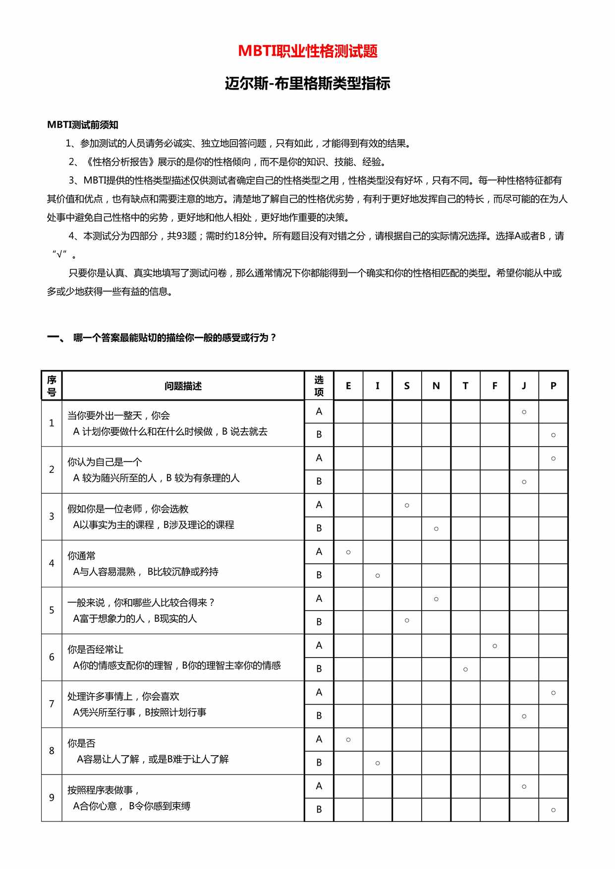 “MBTI职业性格测试题DOC”第1页图片