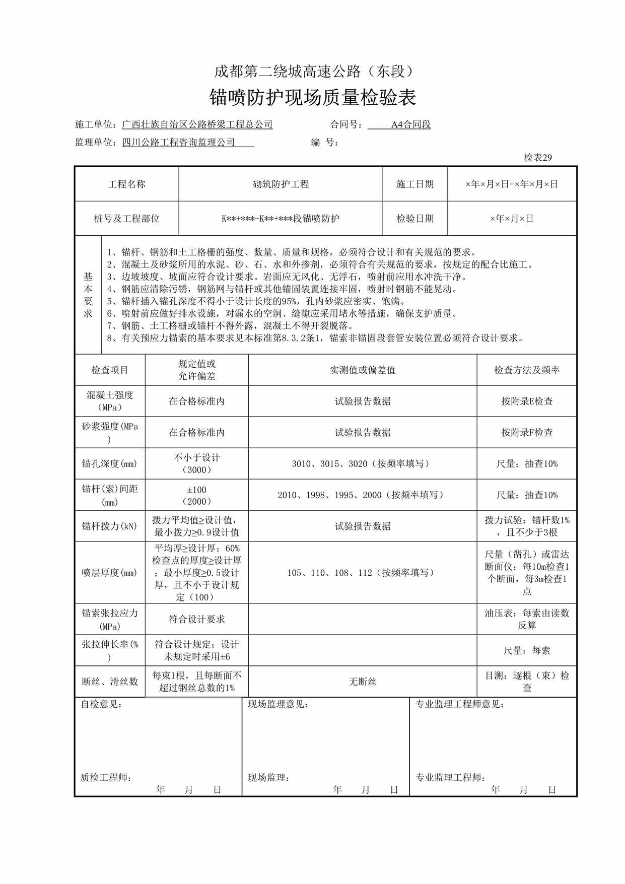 “成都第二绕城高速公路（东段）锚喷防护现场质量检验表DOC”第1页图片