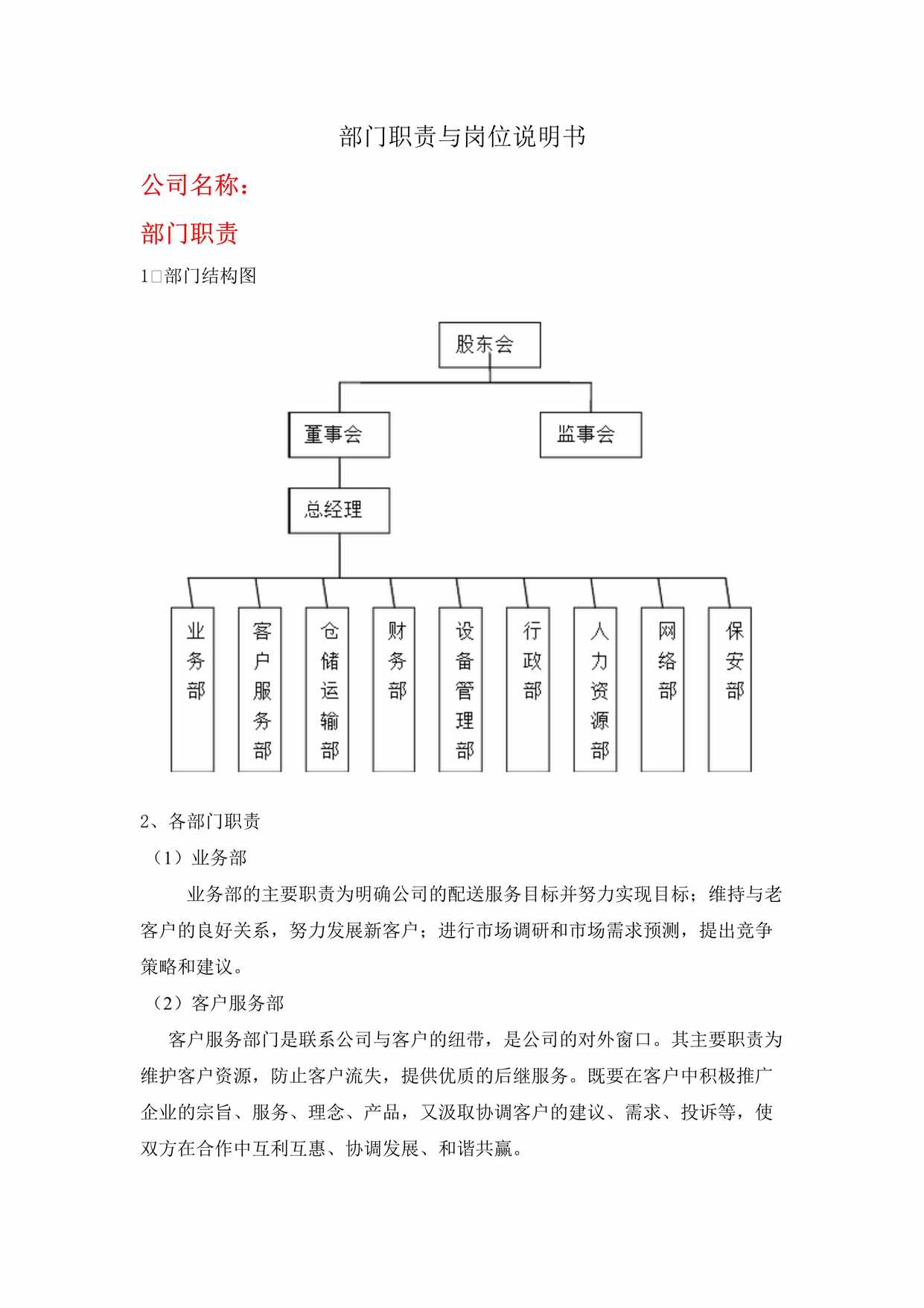 “第三方物流实务岗位职责与岗位说明书DOC”第1页图片