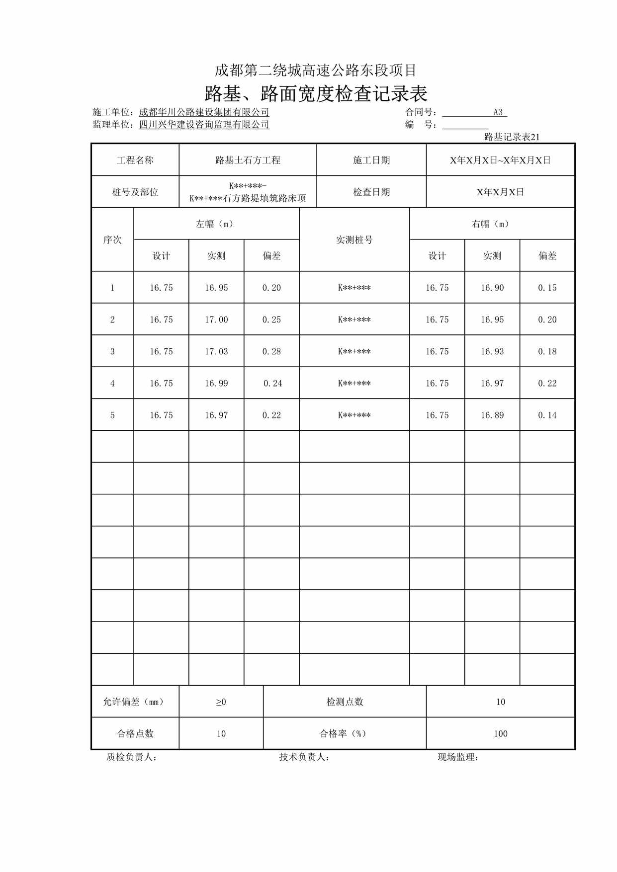 “成都第二绕城高速公路东段项目路基、路面宽度检查记录表DOC”第1页图片