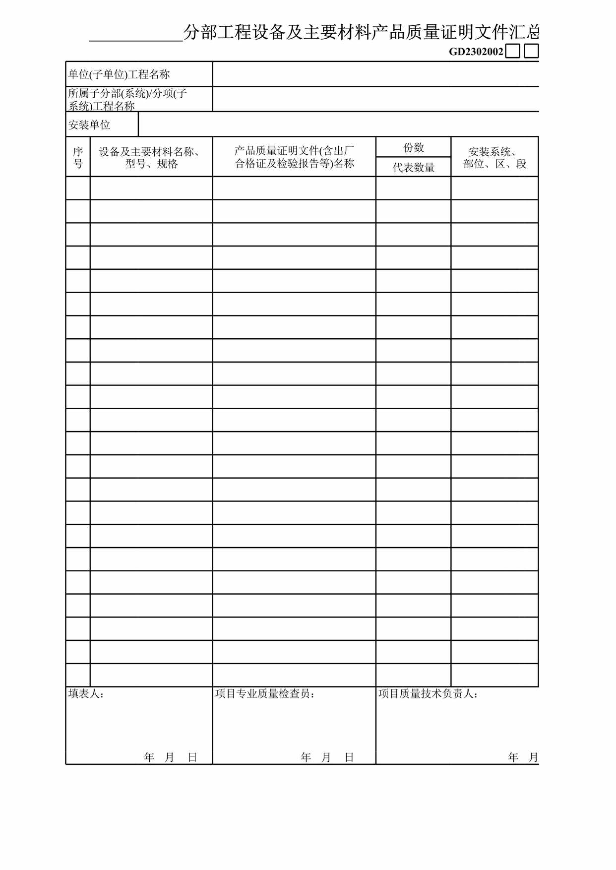 “分部工程设备及主要产品质量证明汇总表XLS”第1页图片