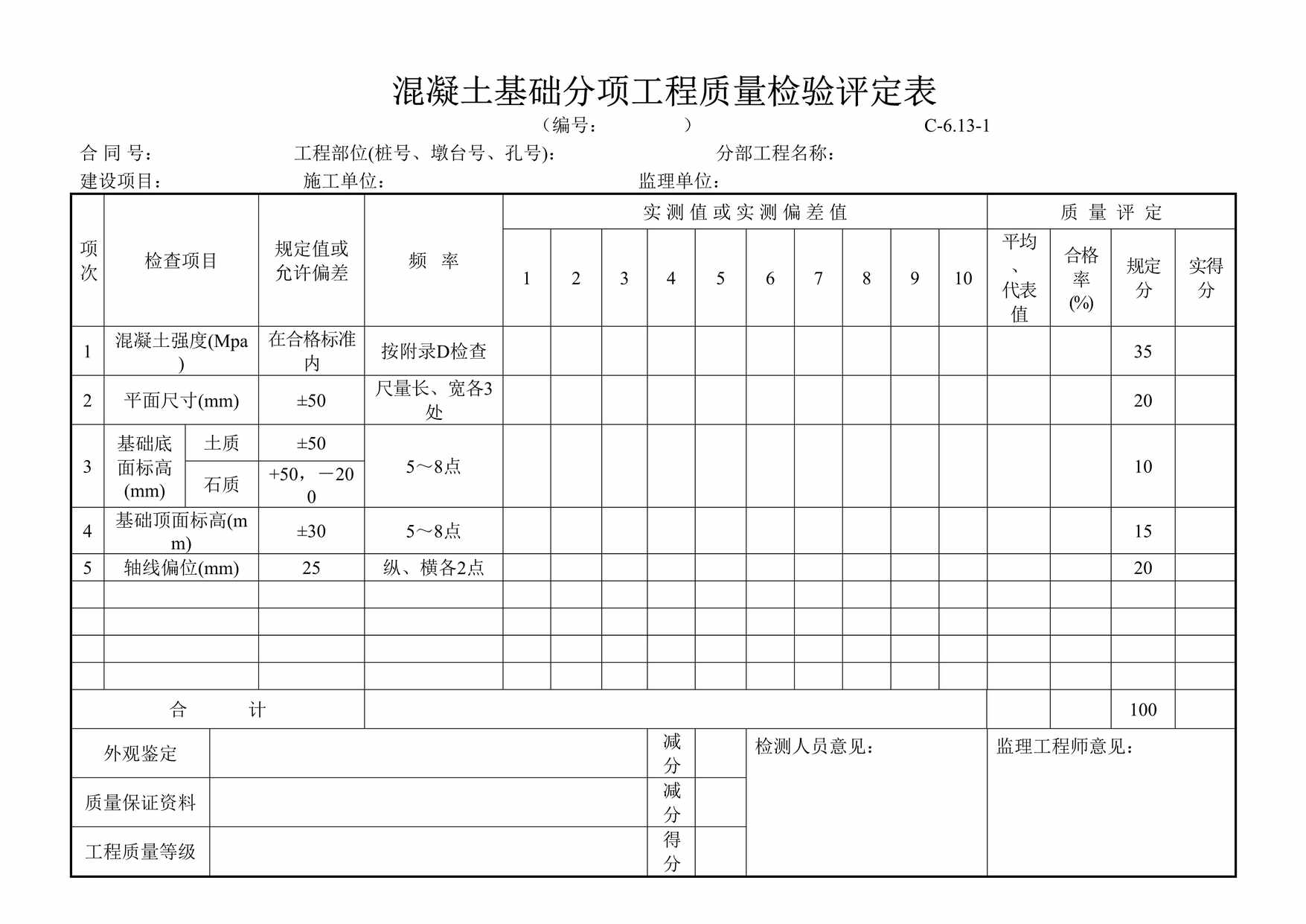 “混凝土基础分项工程质量检验评定表DOC”第1页图片