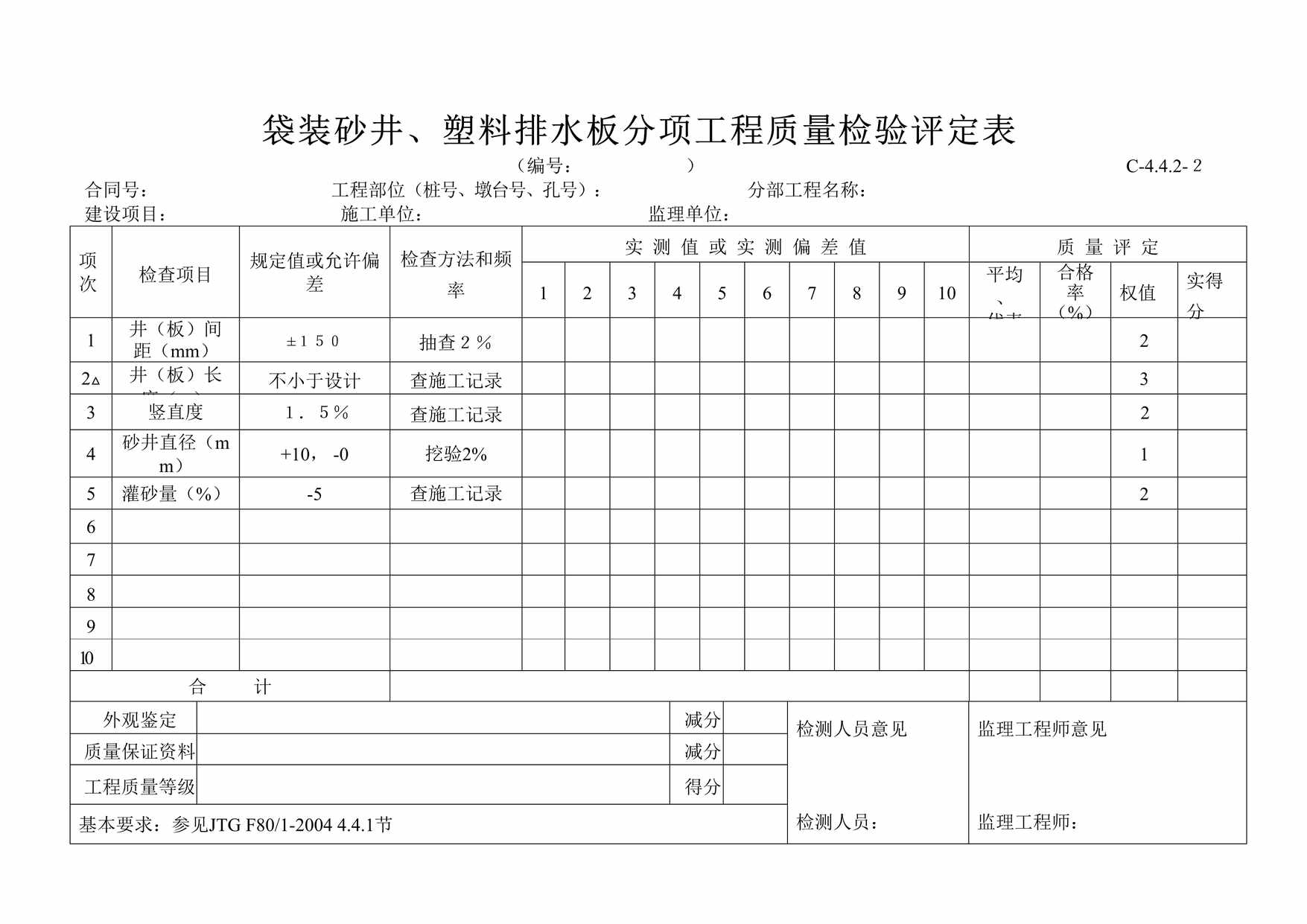 “袋装砂井、塑料排水板分项工程质量检验评定表DOC”第1页图片