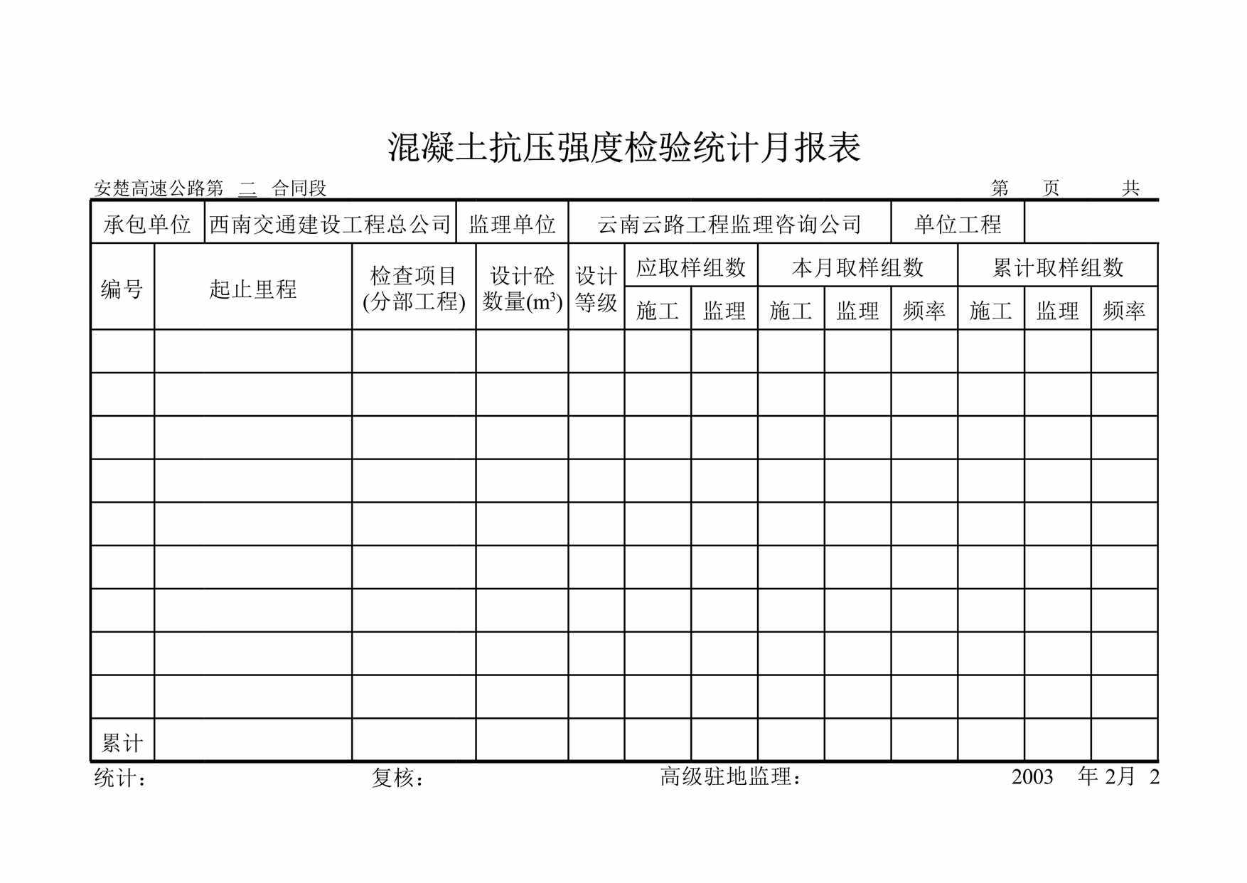 “混凝土抗压强度检验统计月报表XLS”第1页图片