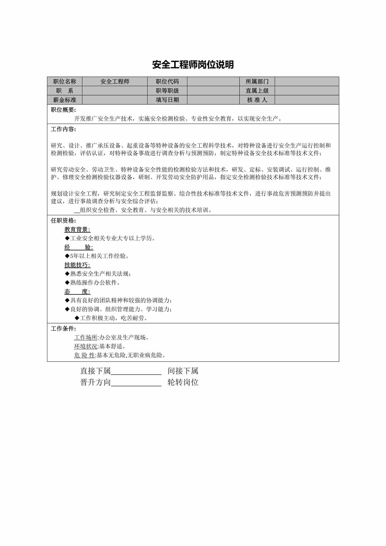 “安全工程师岗位说明书DOC”第1页图片