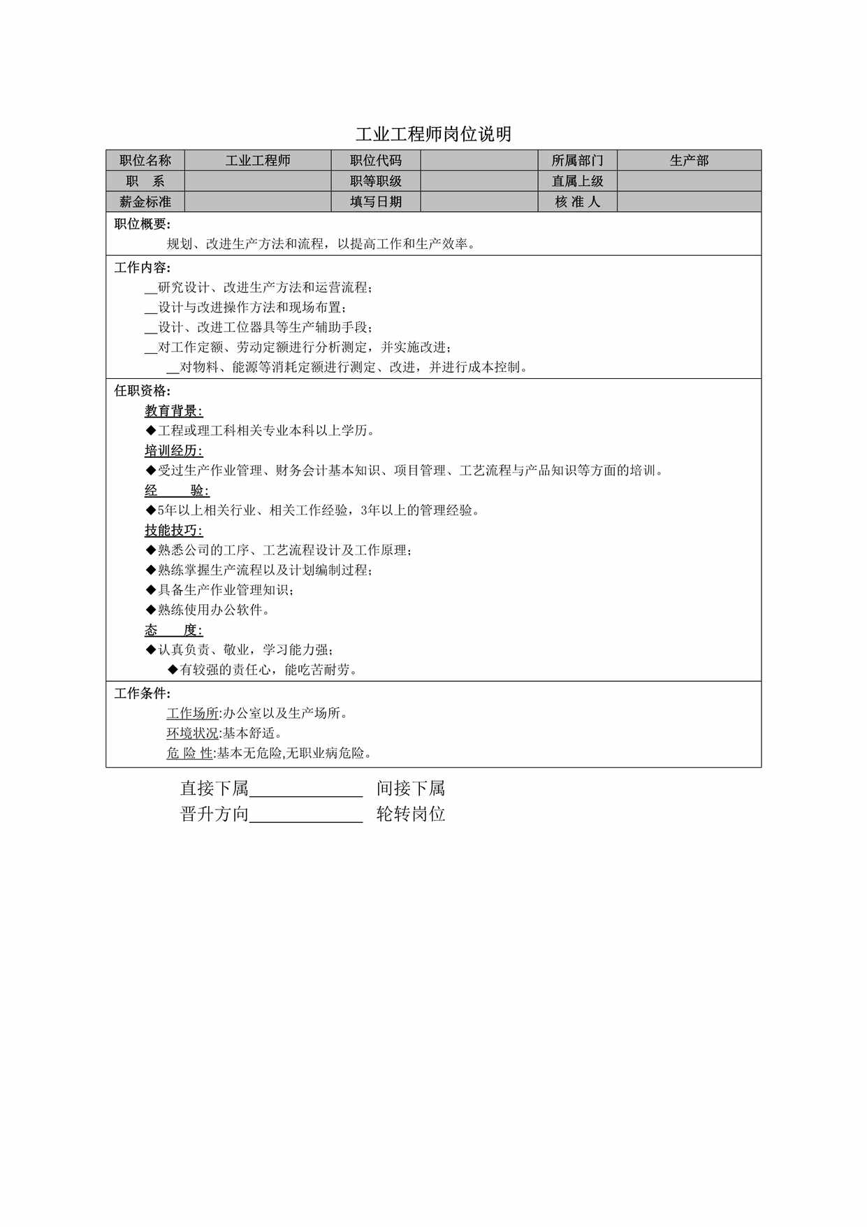 “工业工程师岗位说明书DOC”第1页图片