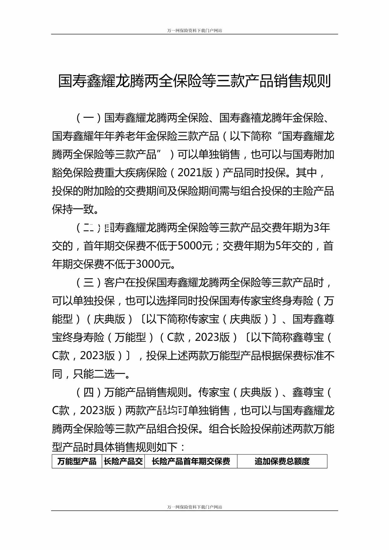 “国寿鑫耀龙腾两全保险等三款产品销售规则DOC”第1页图片