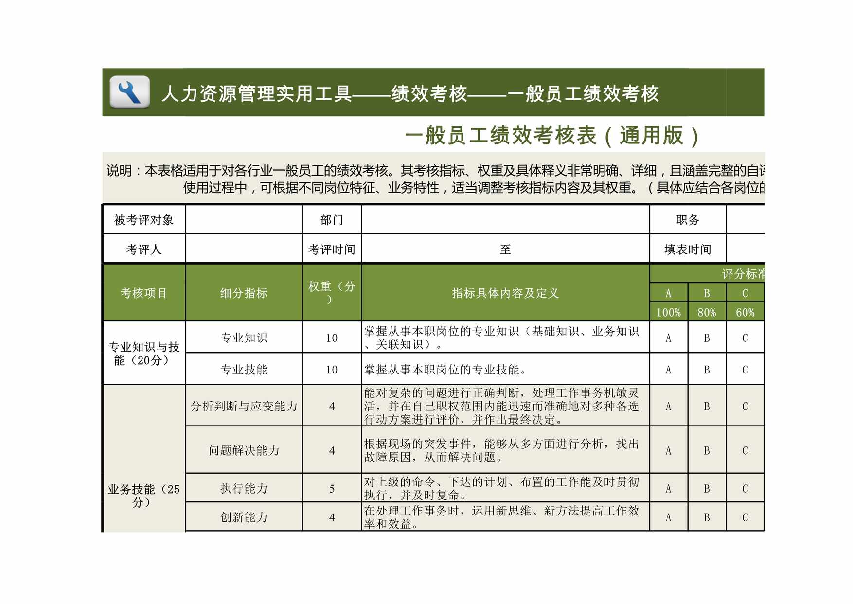 “般员工绩效考核表模板(通用版)XLS”第1页图片