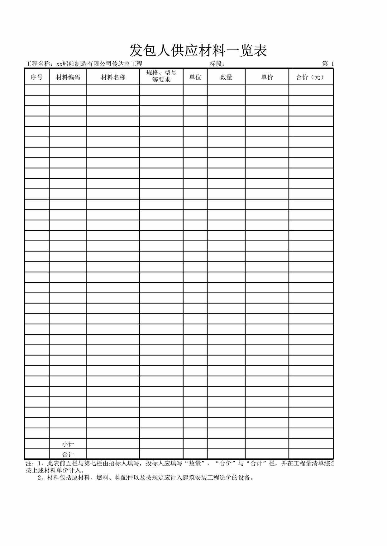 “表发包人供应材料一览表XLS”第1页图片