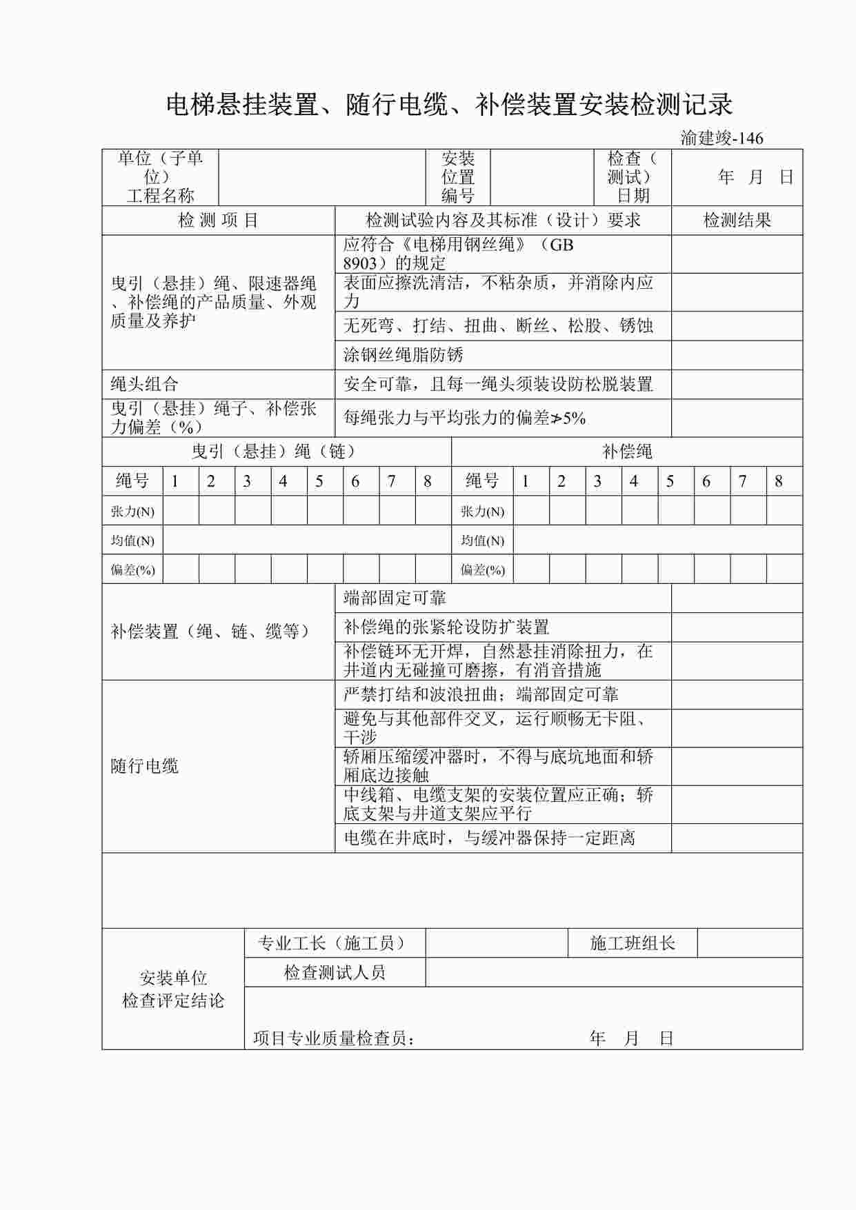 “电梯悬挂装置、随行电缆、补偿装置安装检测记录DOC”第1页图片