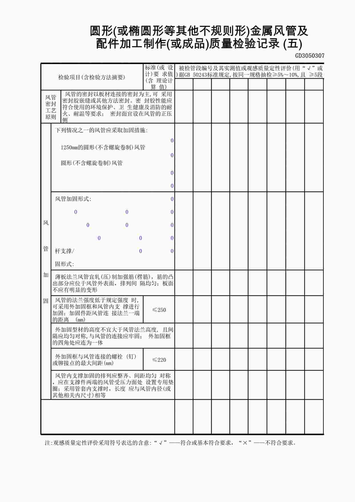 “圆形(或椭圆形等其它不规则形)金属风管及配件加工制作(或成品)质量检验记录(5)XLS”第1页图片