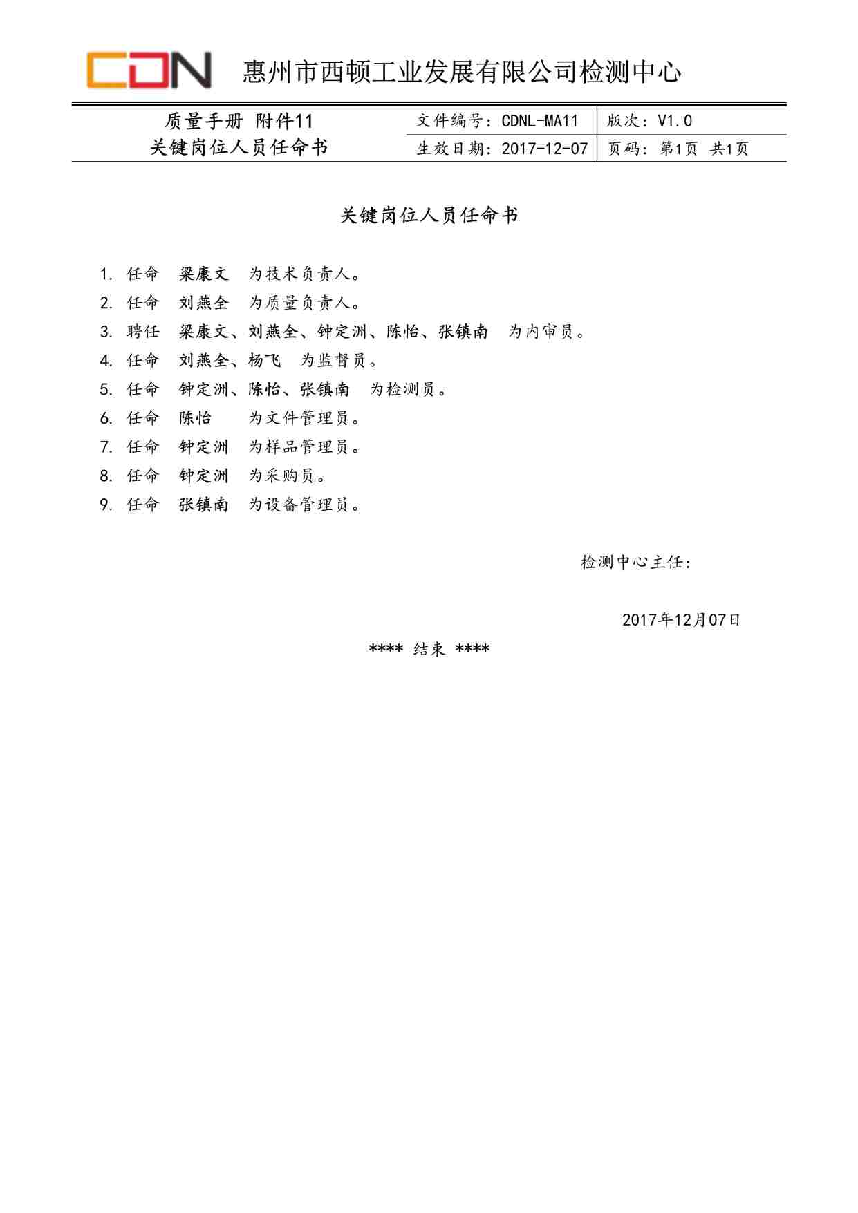 “西顿照明CDNL-MA11质量手册附件11关键岗位人员任命书V1.0DOC”第1页图片