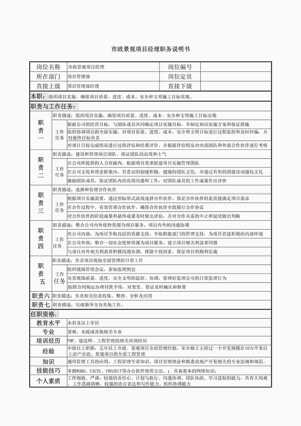 “市政景观项目经理职务说明书DOCX”第1页图片