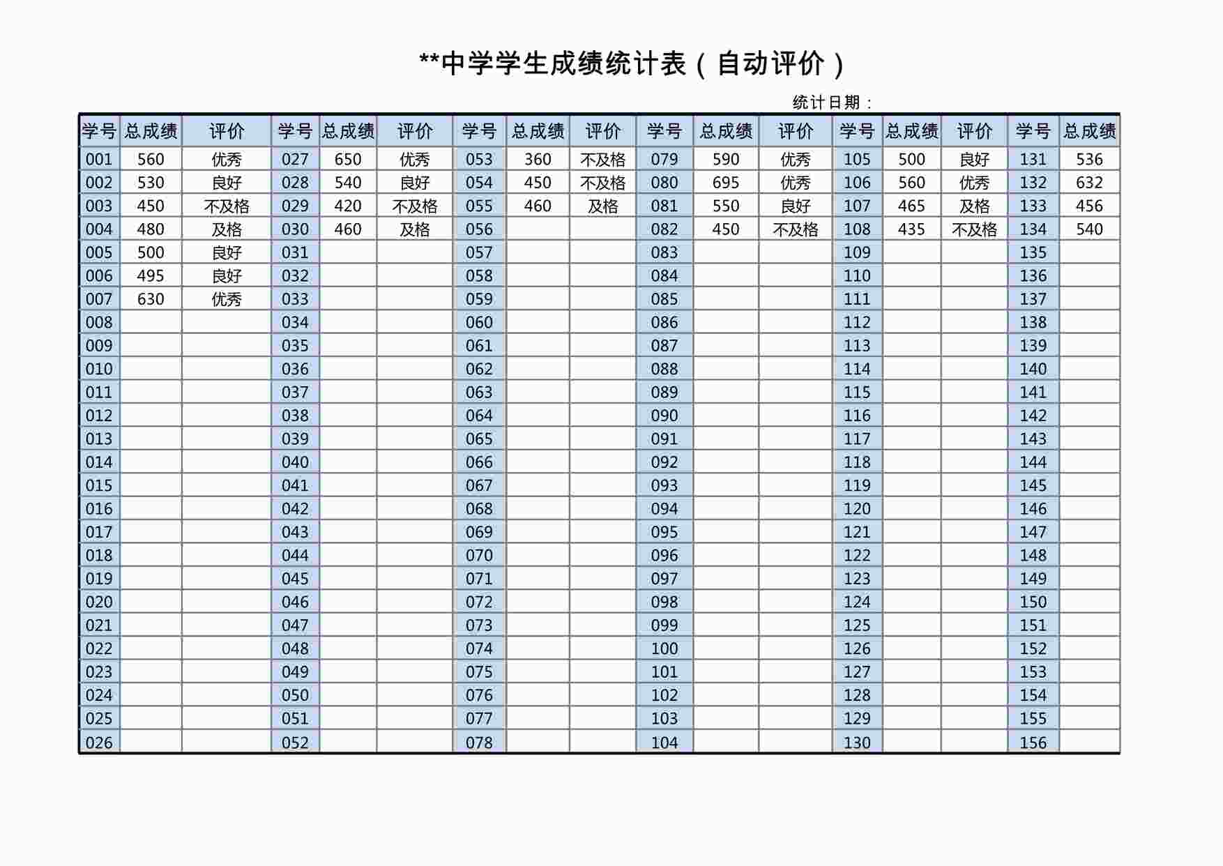 “老师常用表格之81学生成绩统计表（自动评价）XLSX”第1页图片