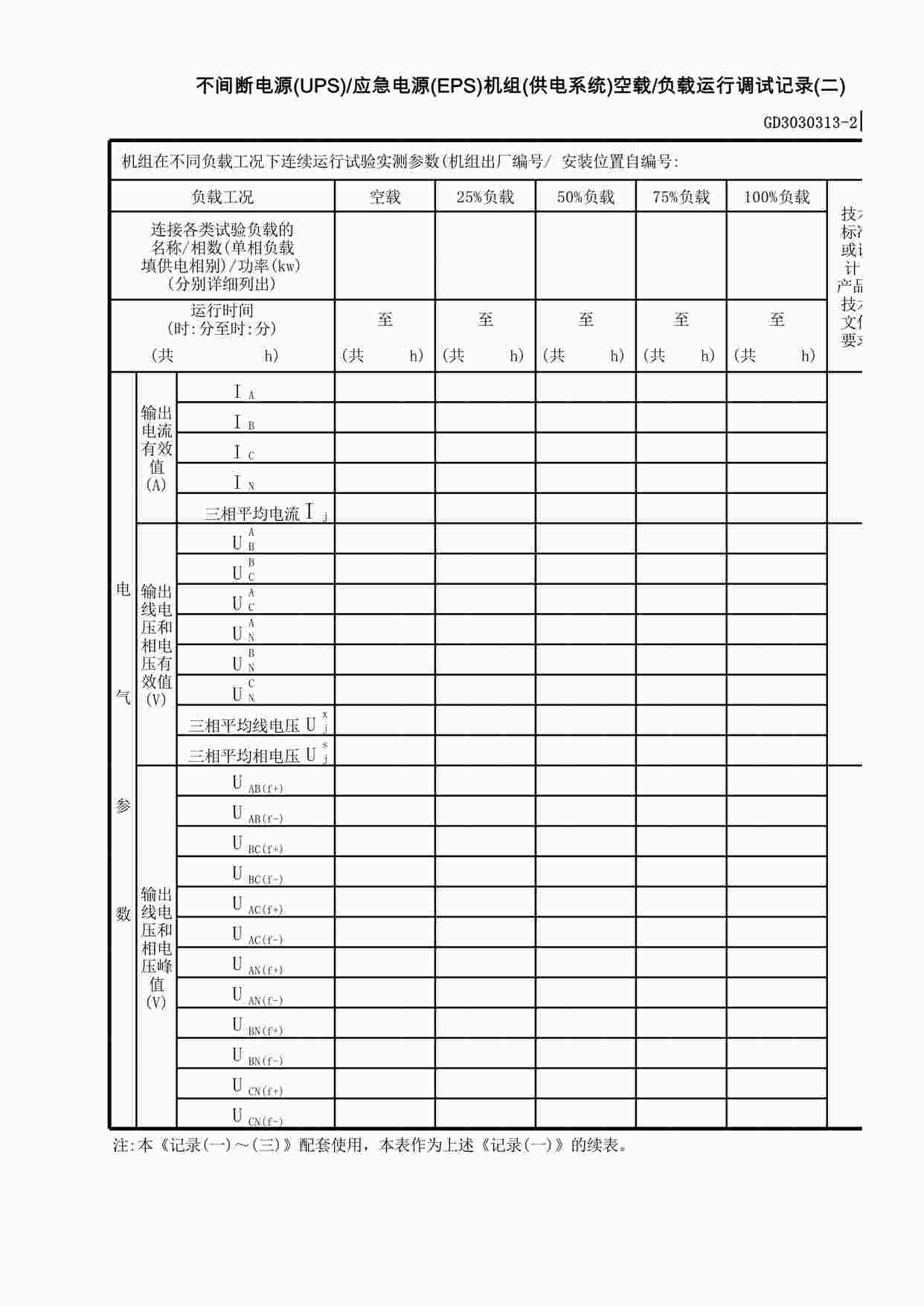 “不间断电源(UPS)—应急电源(EPS)机组(供电系统)空载—负载运行调试记录(2)XLS”第1页图片