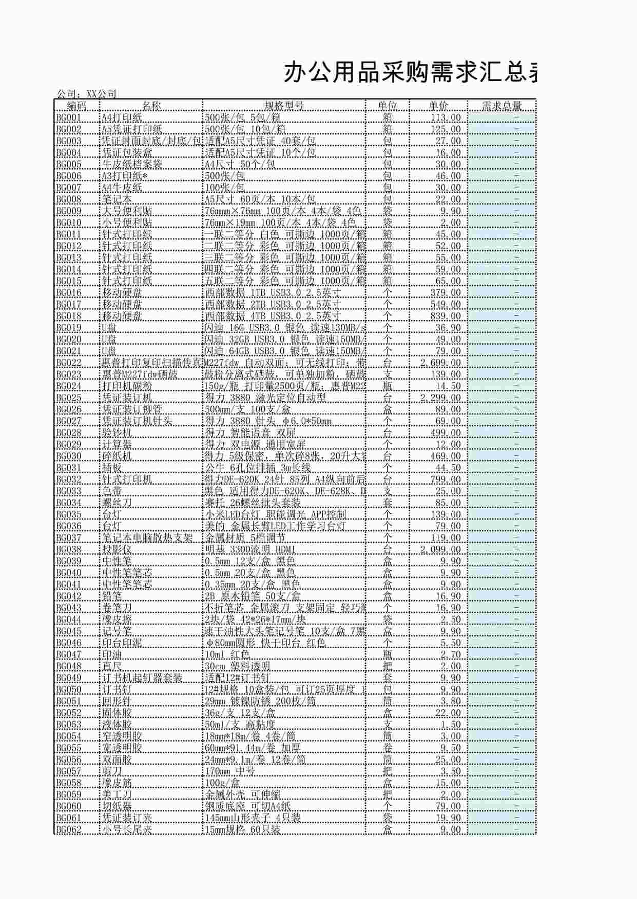 “办公用品采购需求汇总表XLSX”第1页图片