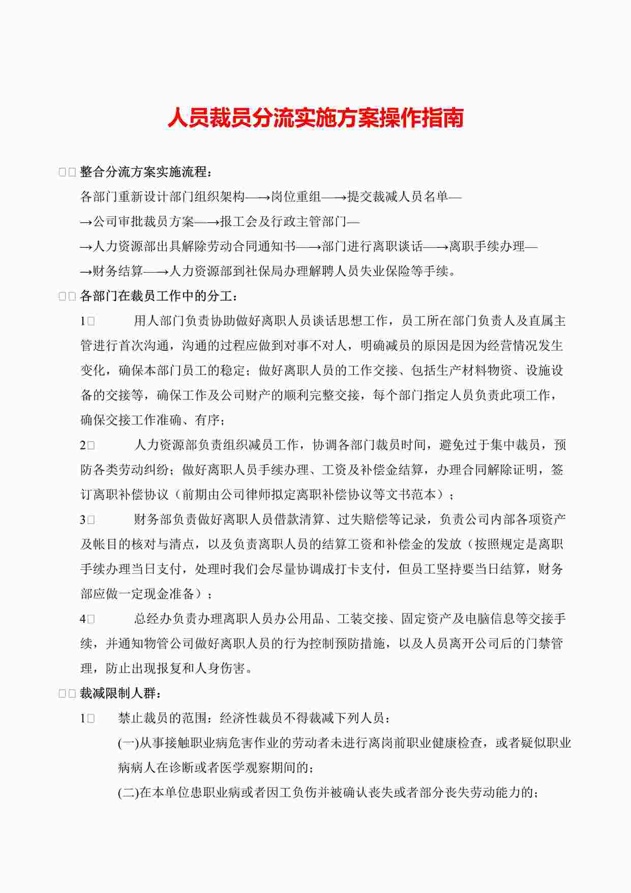 “人员裁员分流实施方案操作指南DOCX”第1页图片