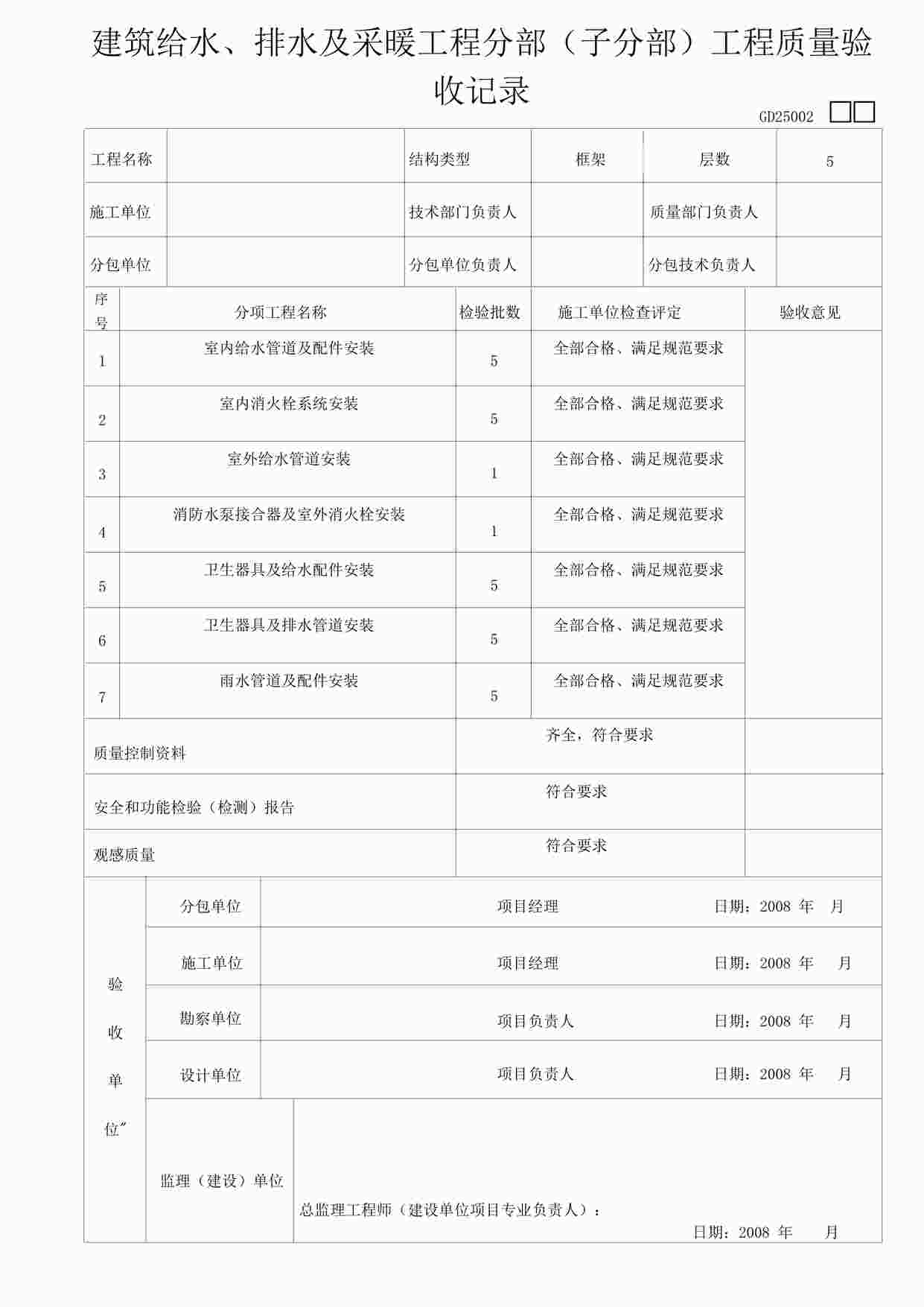 “某教学楼工程筑给水、排水及采暖工程分部（子分部）工程质量验收记录表格DOC”第1页图片