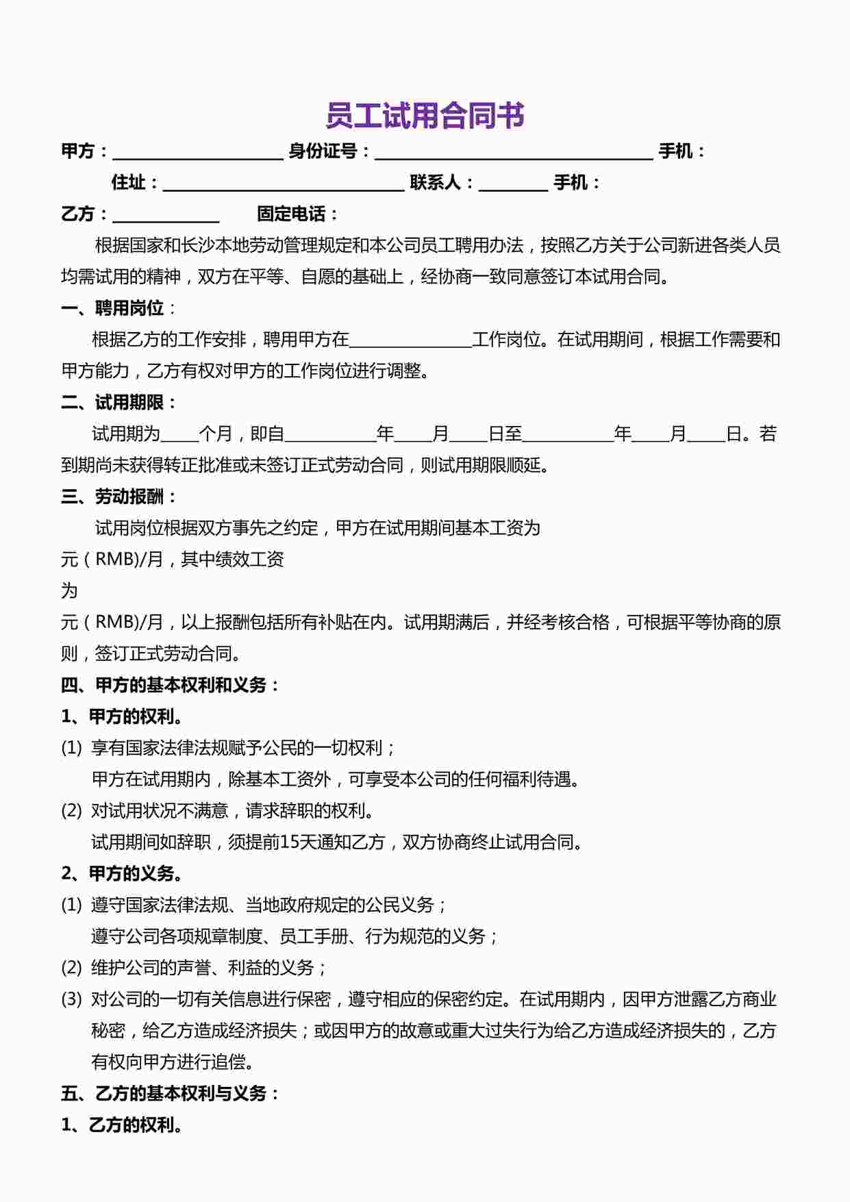 “试用期合同协议DOCX”第1页图片