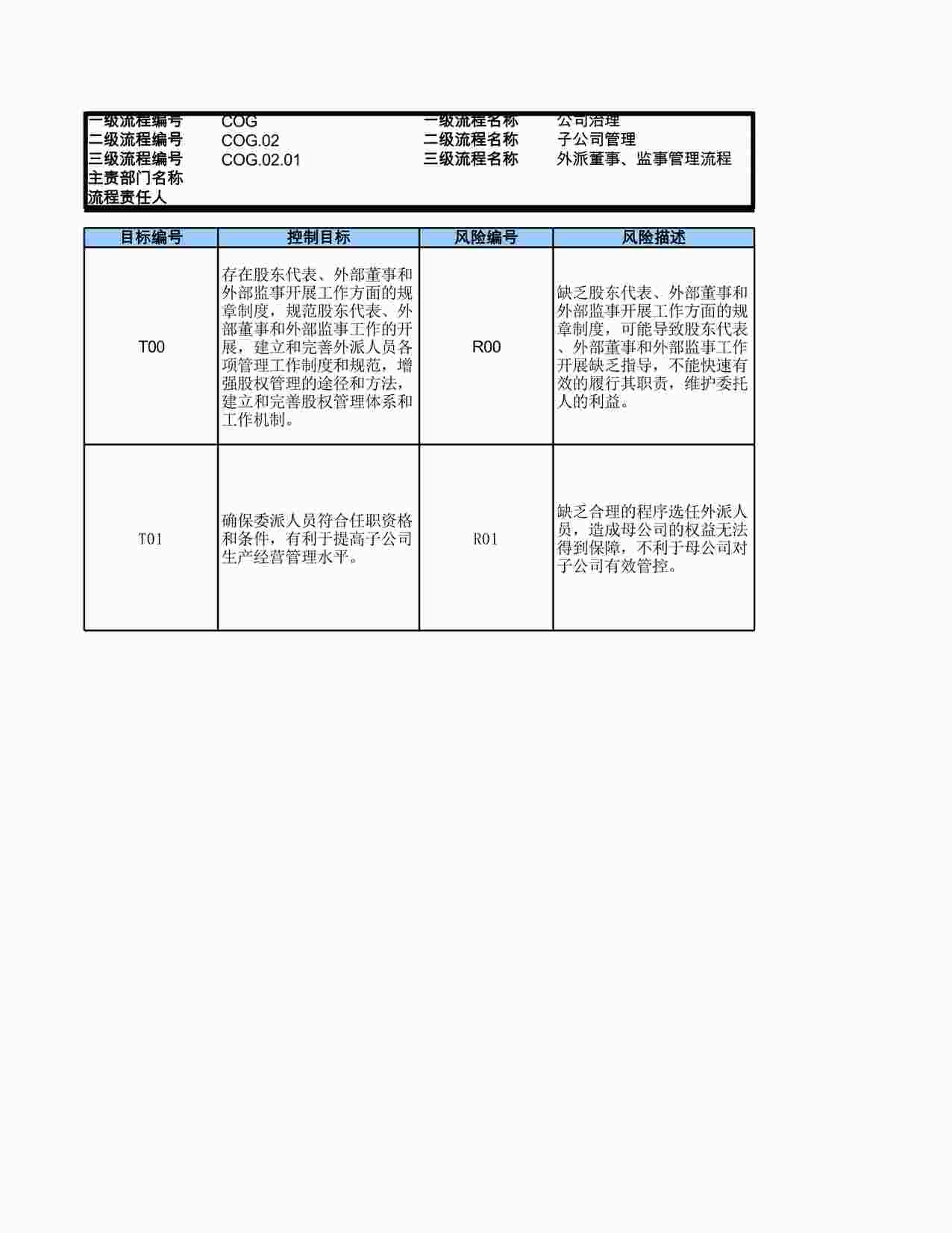 “某公司外派股东代表、董事、监事管理流程（任职、权责分配、履职及考核）_RCM风险控制矩阵XLS”第1页图片