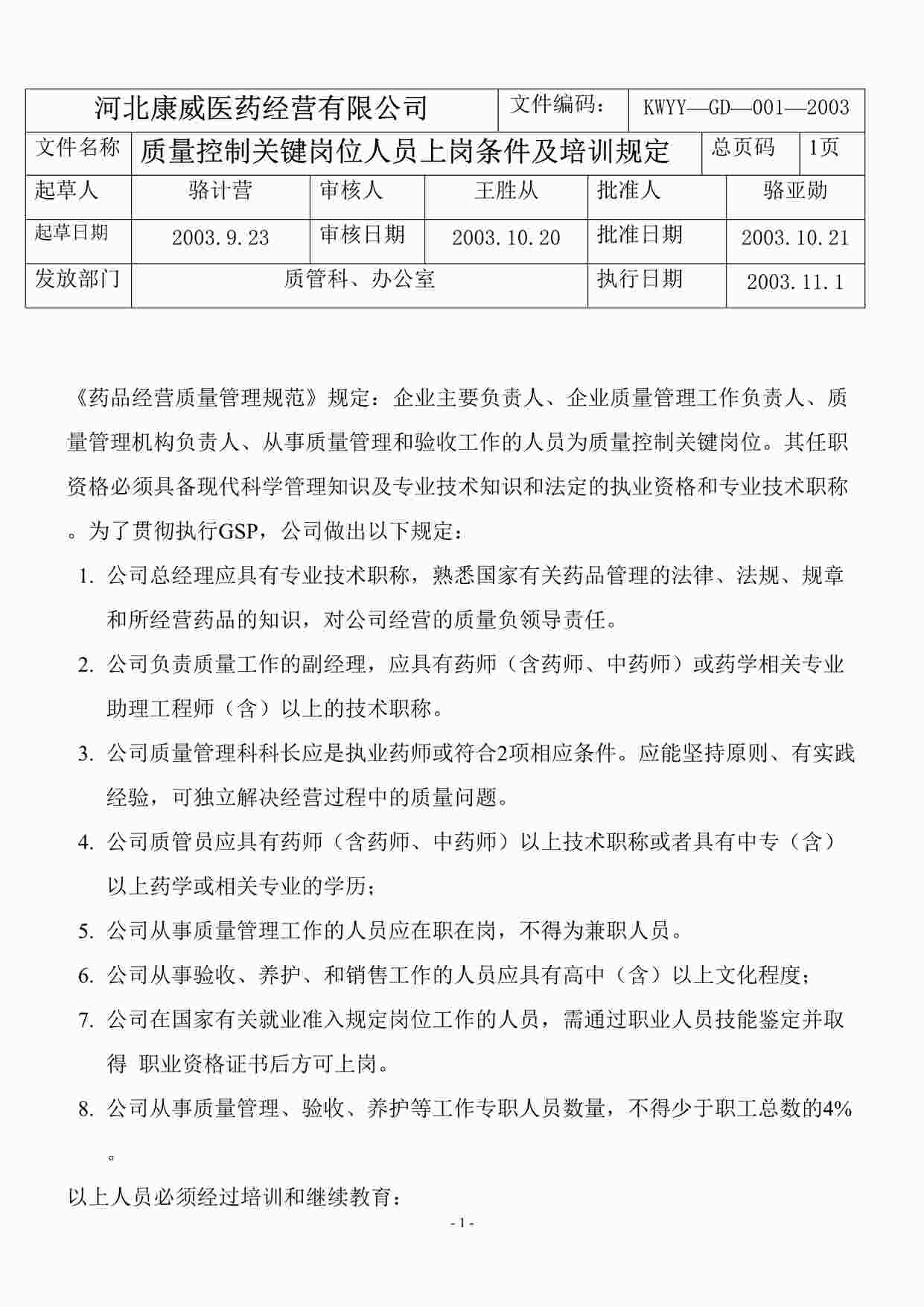 “药品公司小型批发企业人员上岗条件DOC”第1页图片