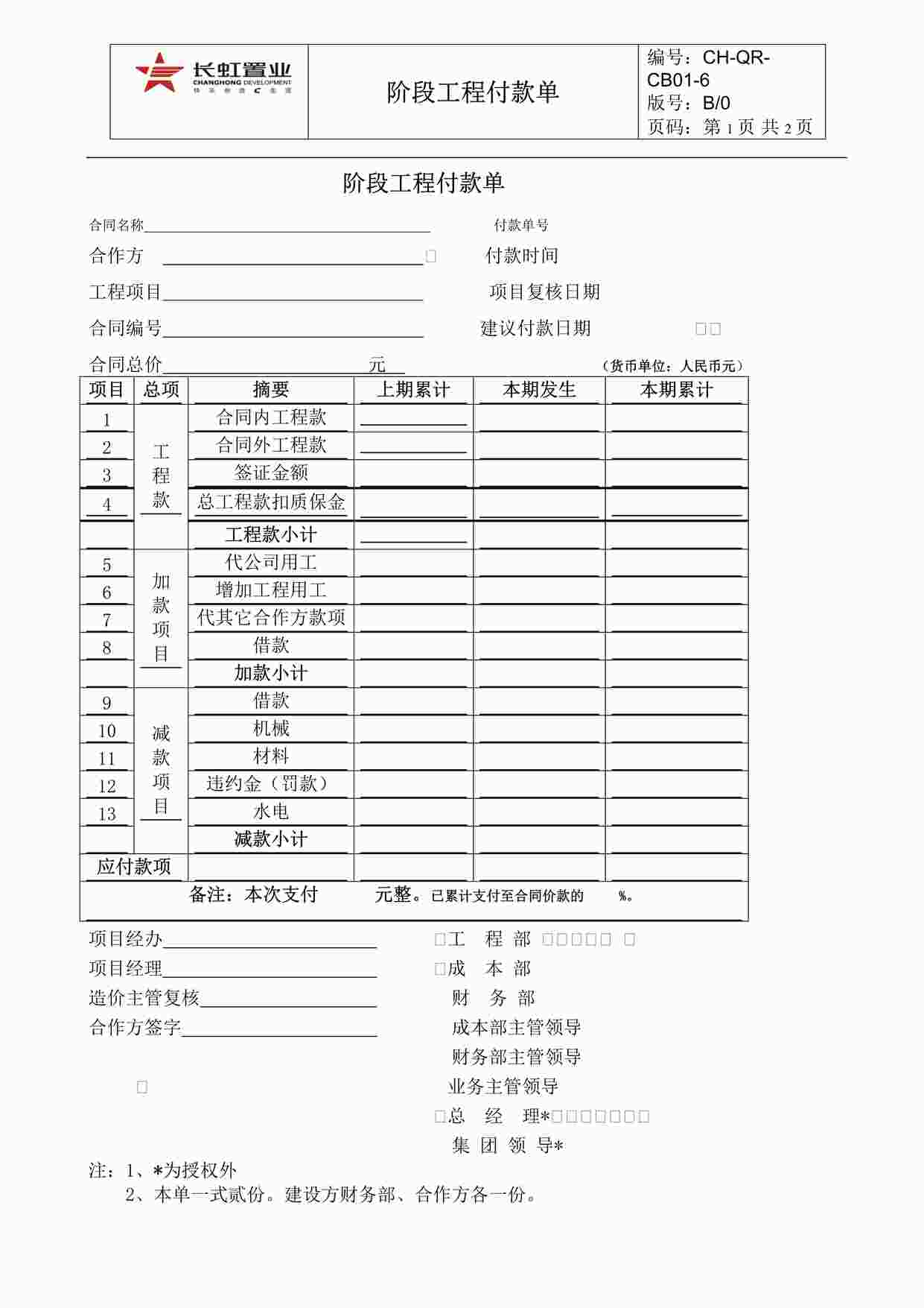 “长虹置业CH-QR-CB01-6阶段工程付款单DOC”第1页图片