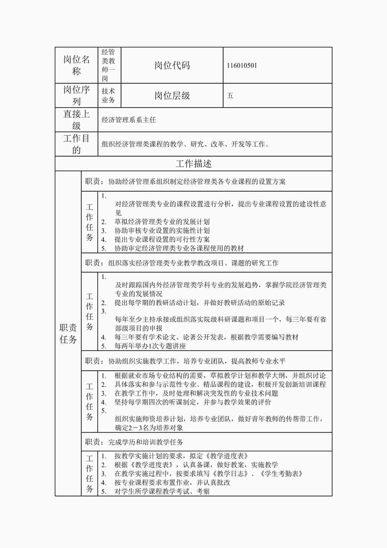 “最新经管类教师一岗职位说明书DOC”第1页图片