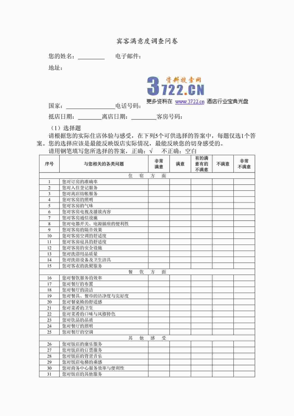 “某酒店宾客满意度调查问卷DOC”第1页图片