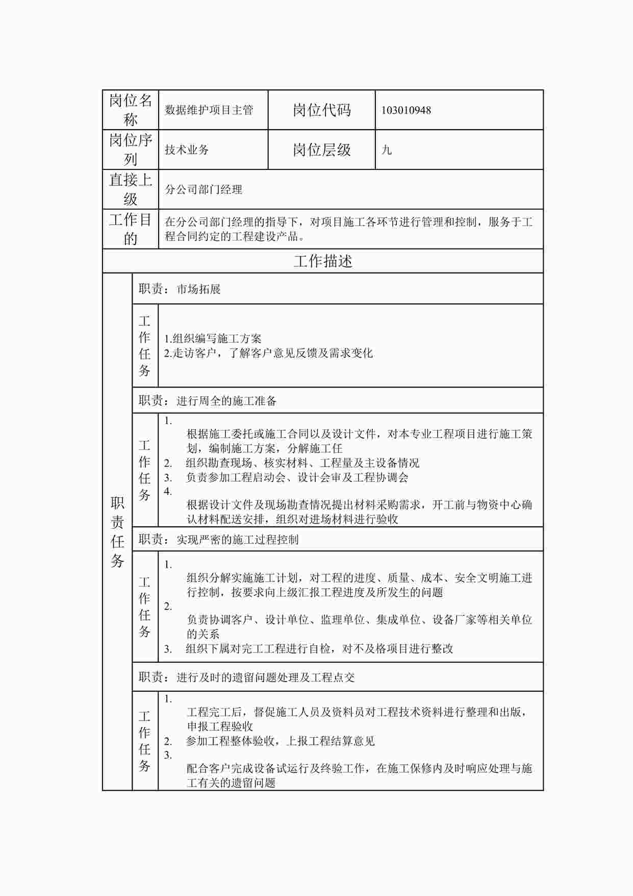 “20xx年某公司数据维护项目主管职位说明书DOC”第1页图片