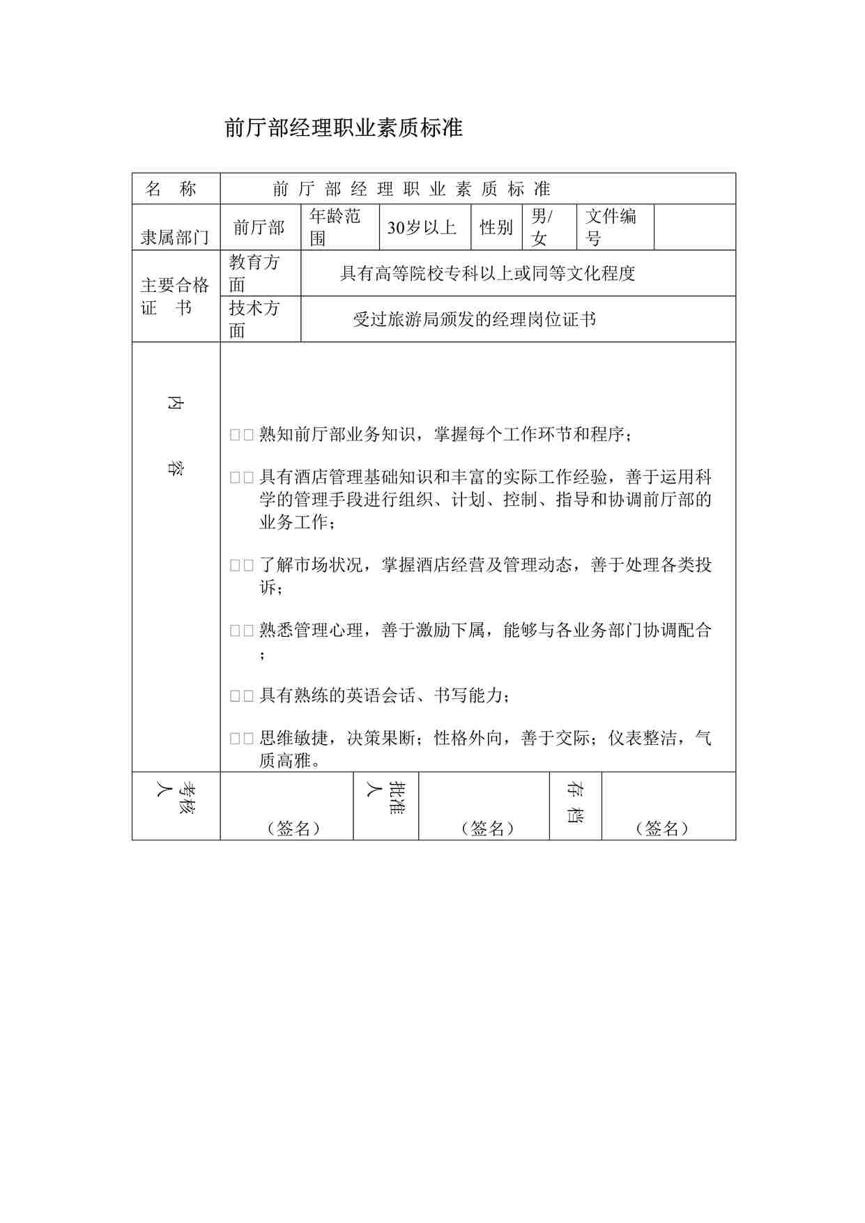 “某酒店前厅部经理职业素质标准DOC”第1页图片