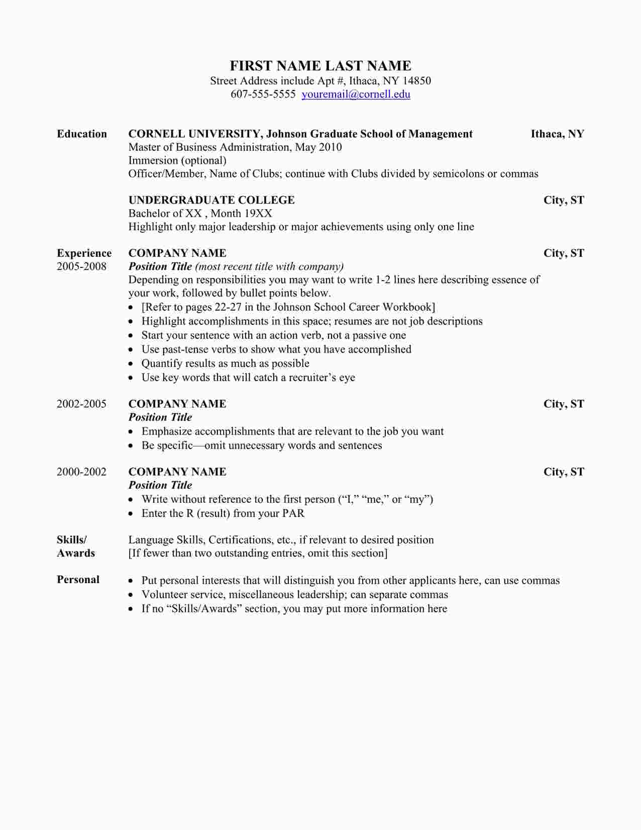 “Cornell resume template简历模板DOC”第1页图片