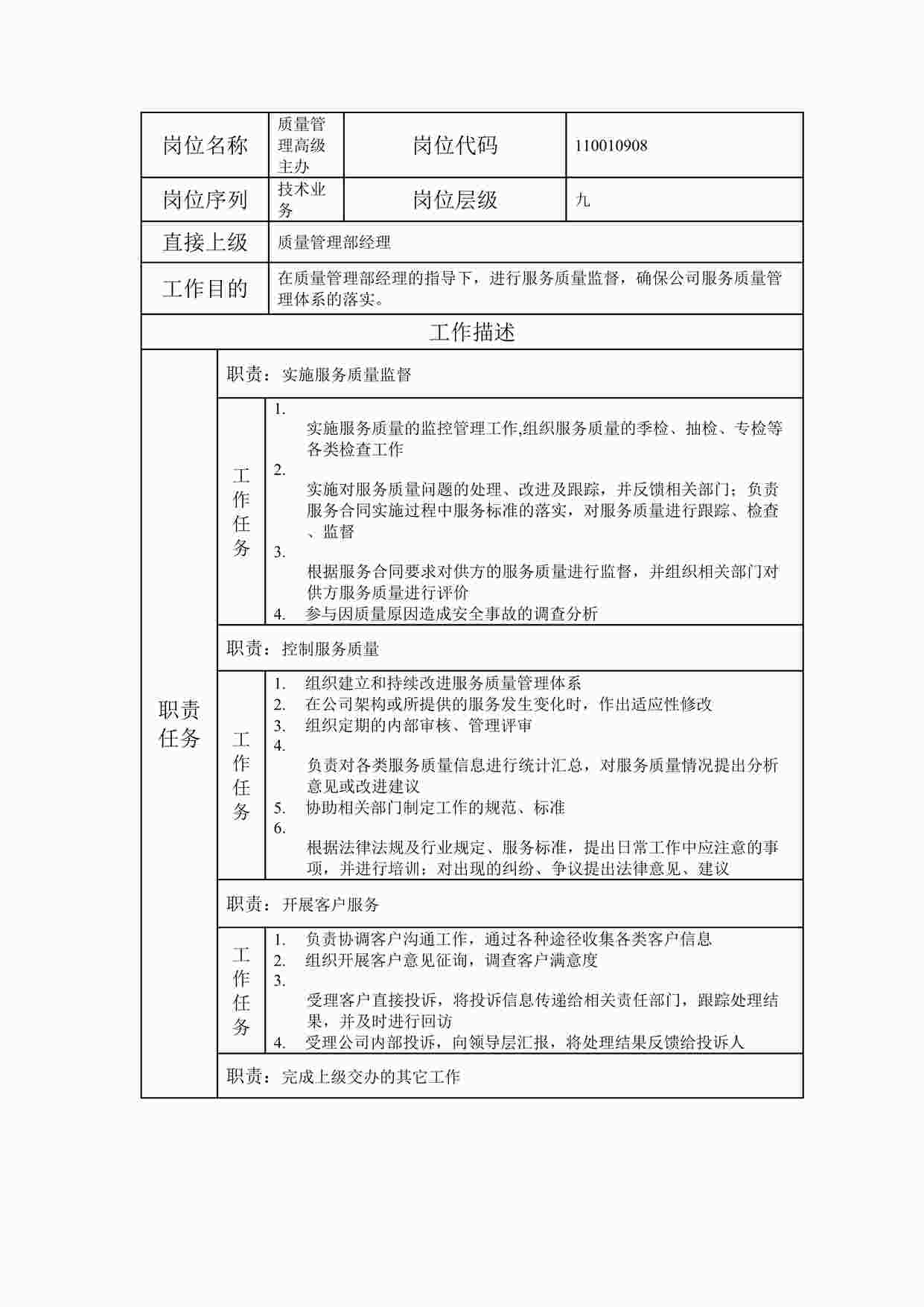 “最新部门质量管理高级主办职位说明书DOC”第1页图片