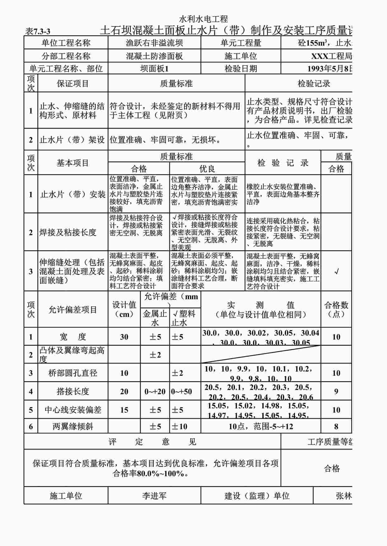 “表7.3-3土石坝混凝土面板止水片（带）制作及安装工序质量评定表（例表）XLS”第1页图片