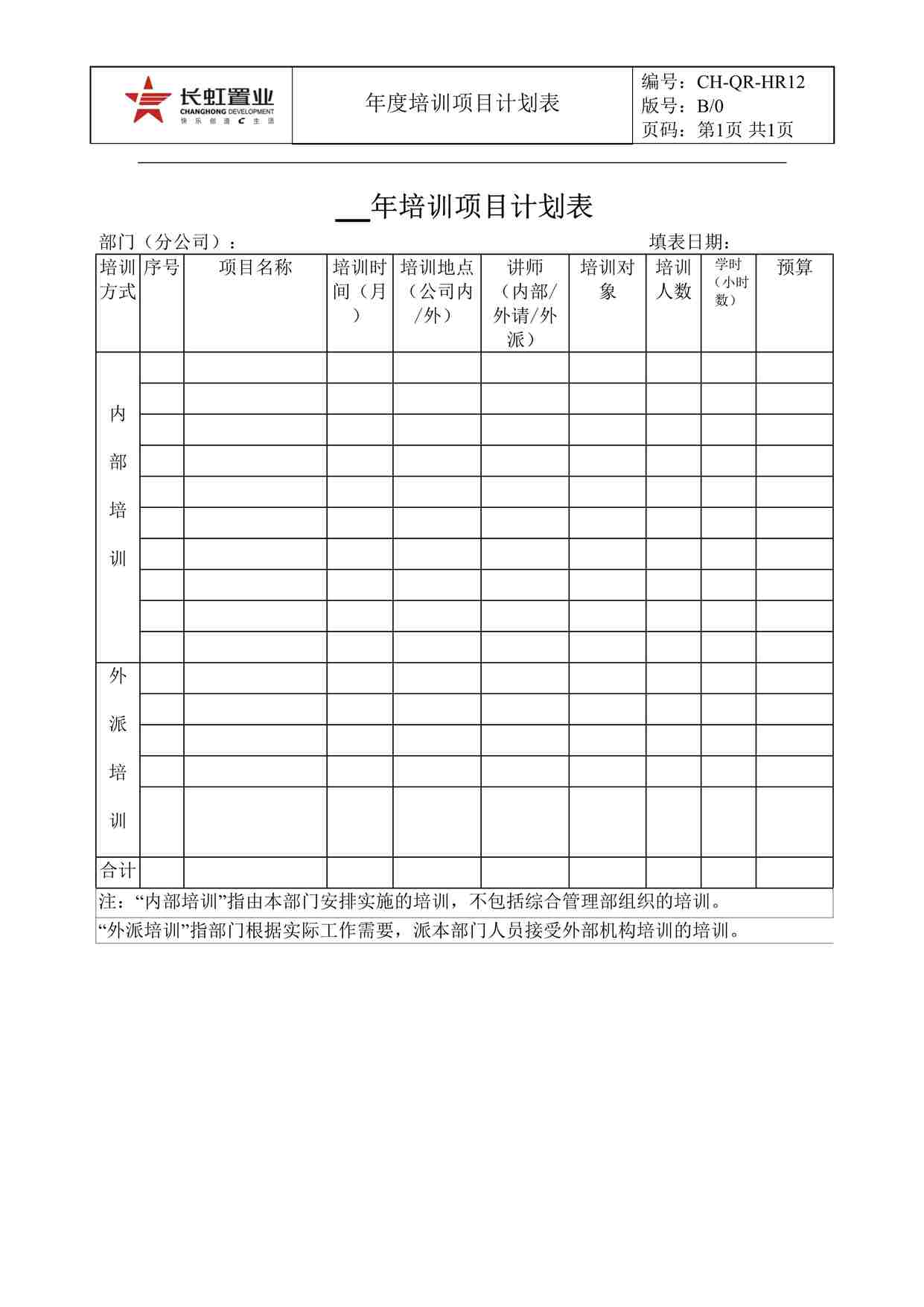 “长虹置业CH-QR-HR12年度培训计划DOC”第1页图片