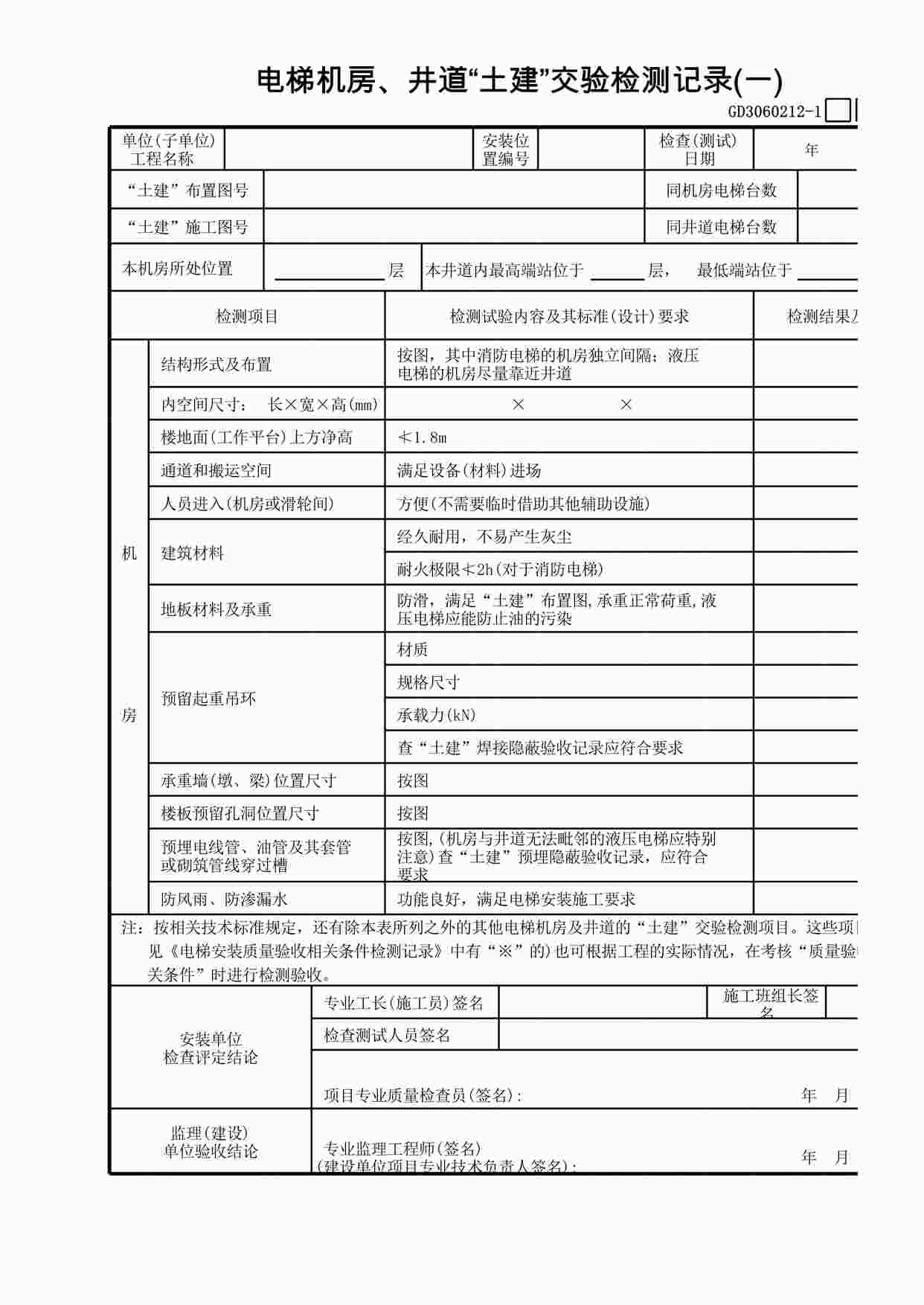 “电梯机房、井道“土建”交验检测记录XLS”第1页图片