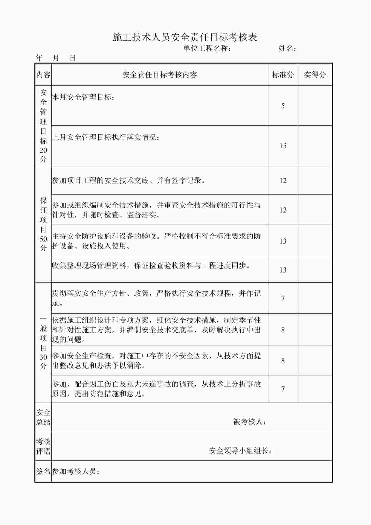 “施工技术人员安全责任目标考核表DOC”第1页图片