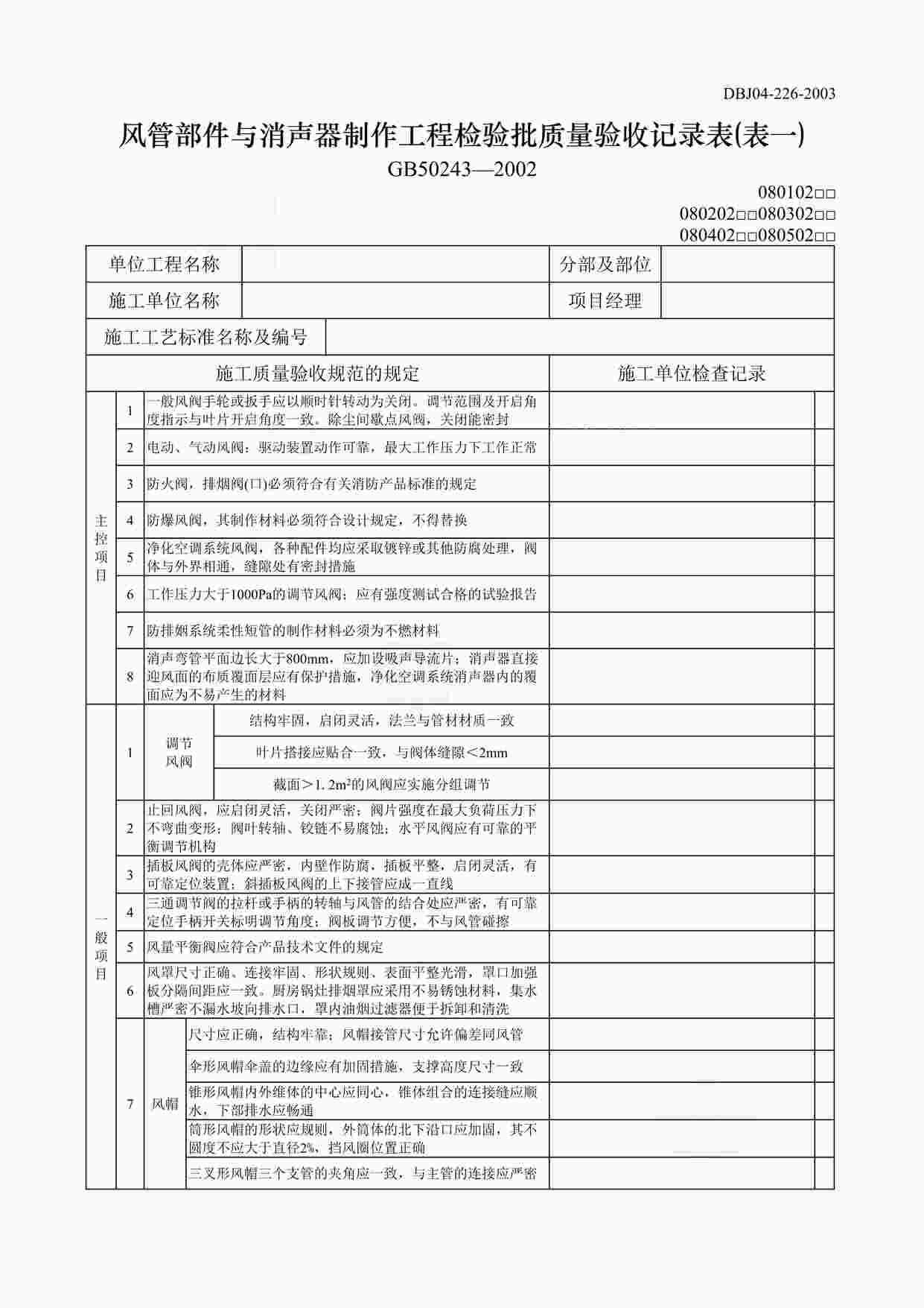 “风管部件与消声器制作工程检验批质量验收记录表(表一)DOC”第1页图片