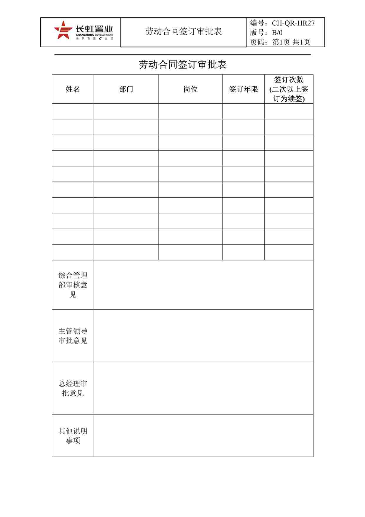 “长虹置业CH-QR-HR27劳动合同签订审批表DOC”第1页图片