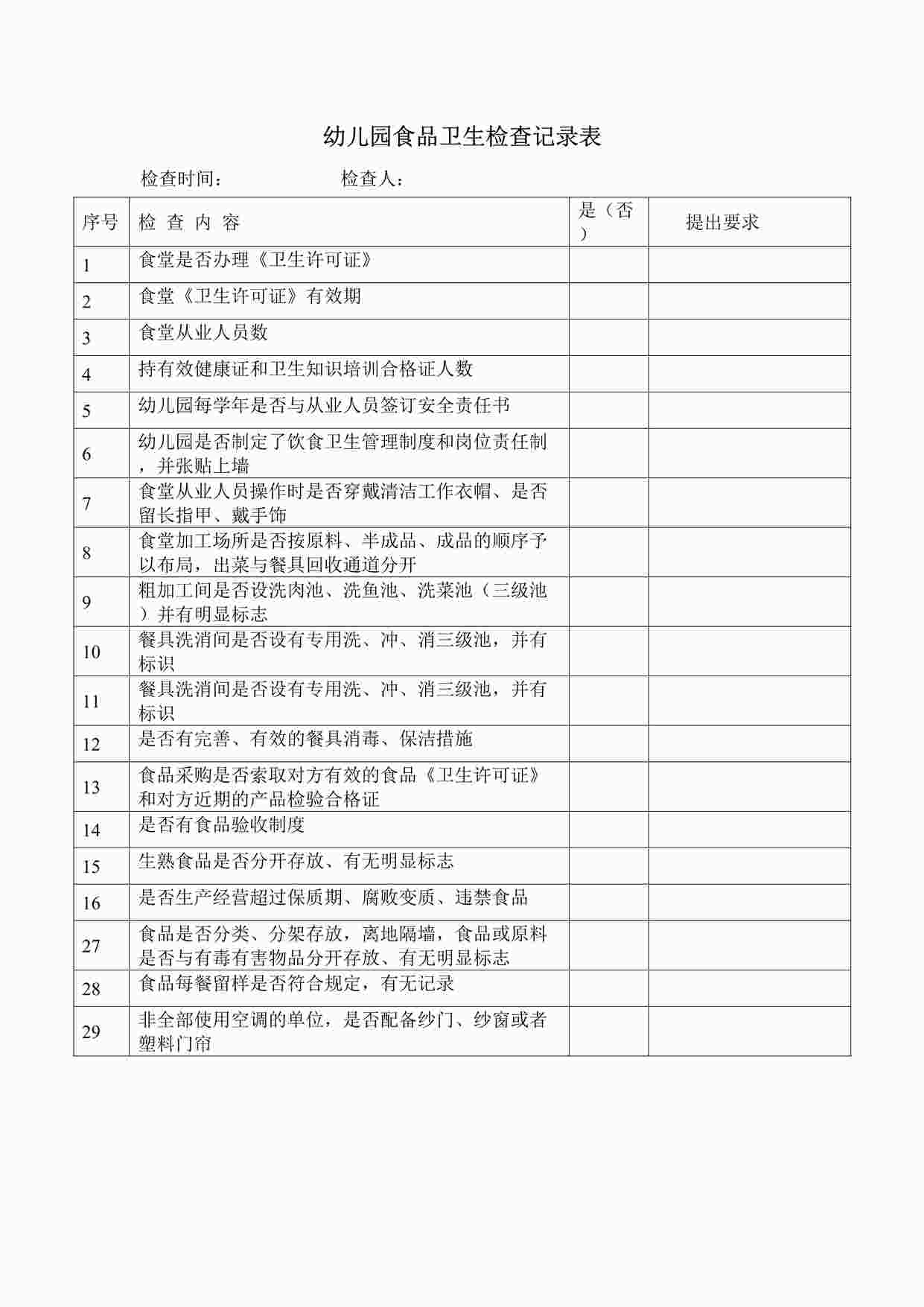 “食品卫生检查记录表DOC”第1页图片