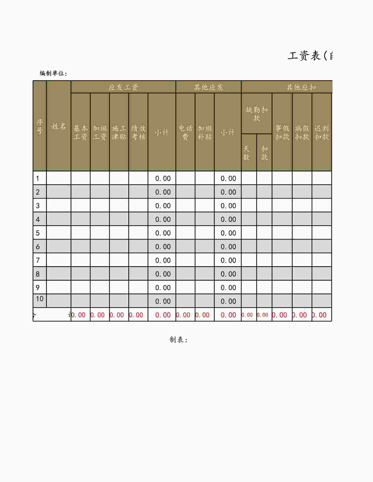 “工资表( 自动计算 )XLSX”第1页图片