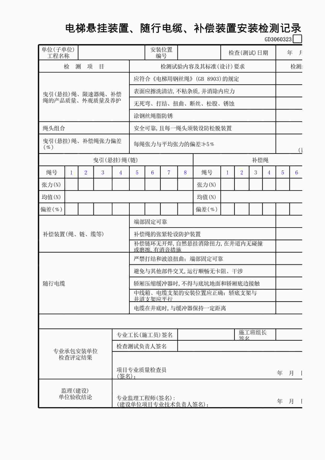 “电梯悬挂装置、随行电缆、补偿装置安装检测记录XLS”第1页图片