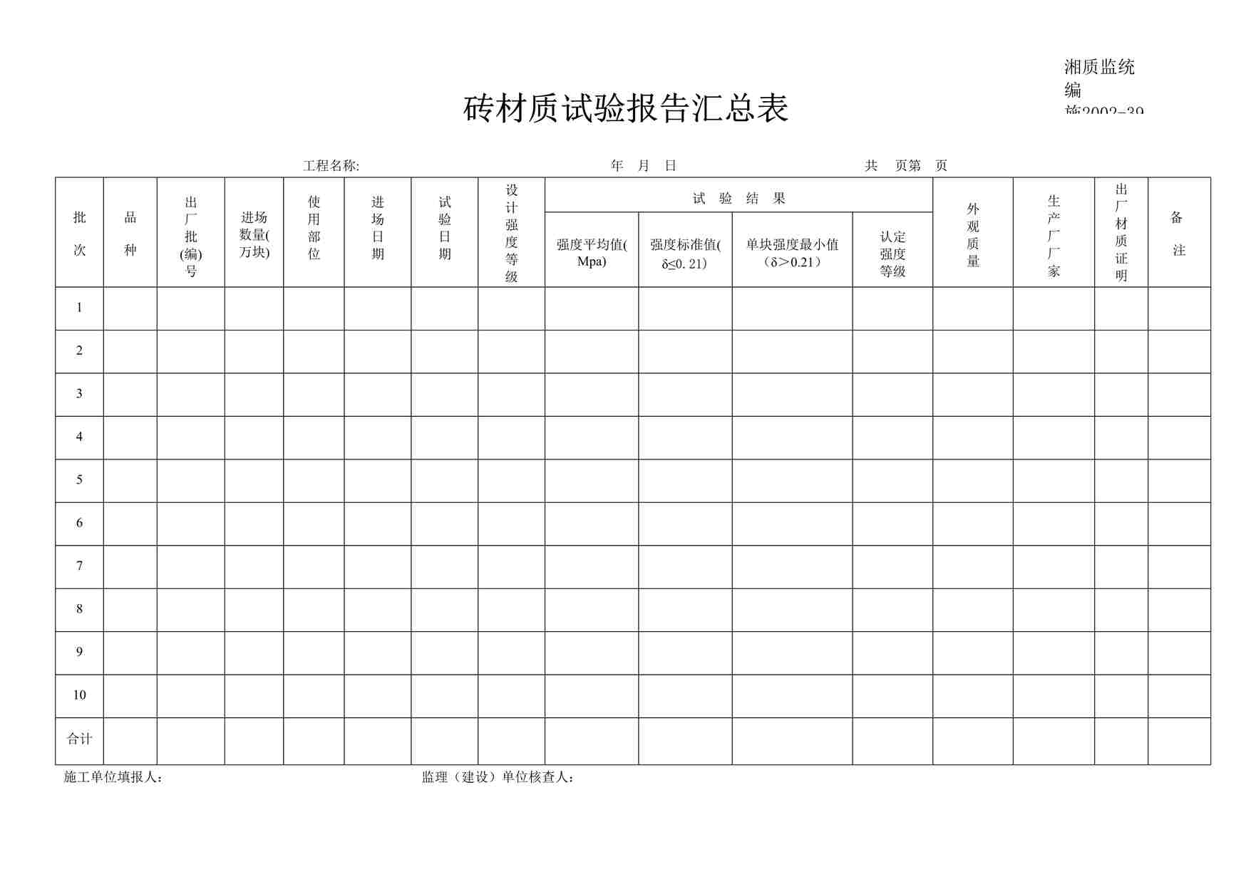 “砖材质试验报告汇总表施2002-39DOC”第1页图片