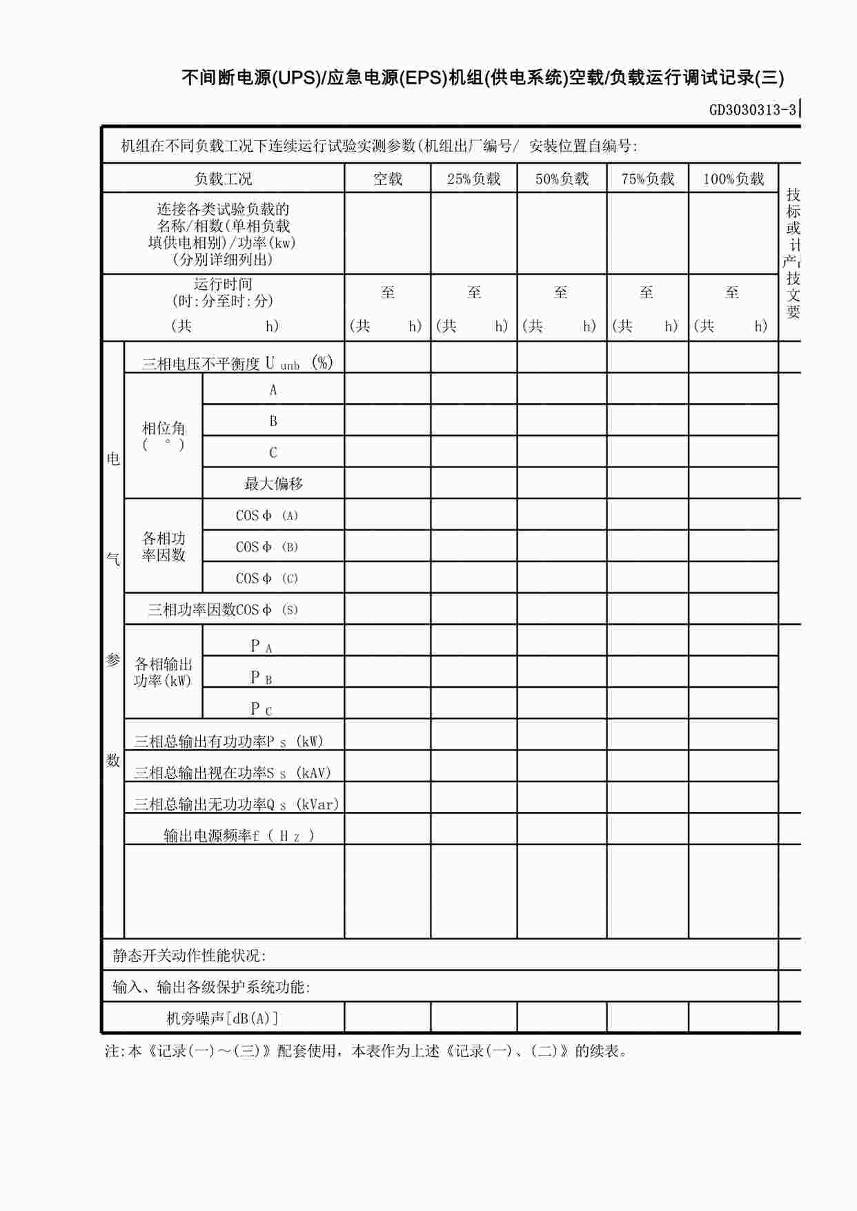 “不间断电源(UPS)—应急电源(EPS)机组(供电系统)空载—负载运行调试记录(3)XLS”第1页图片