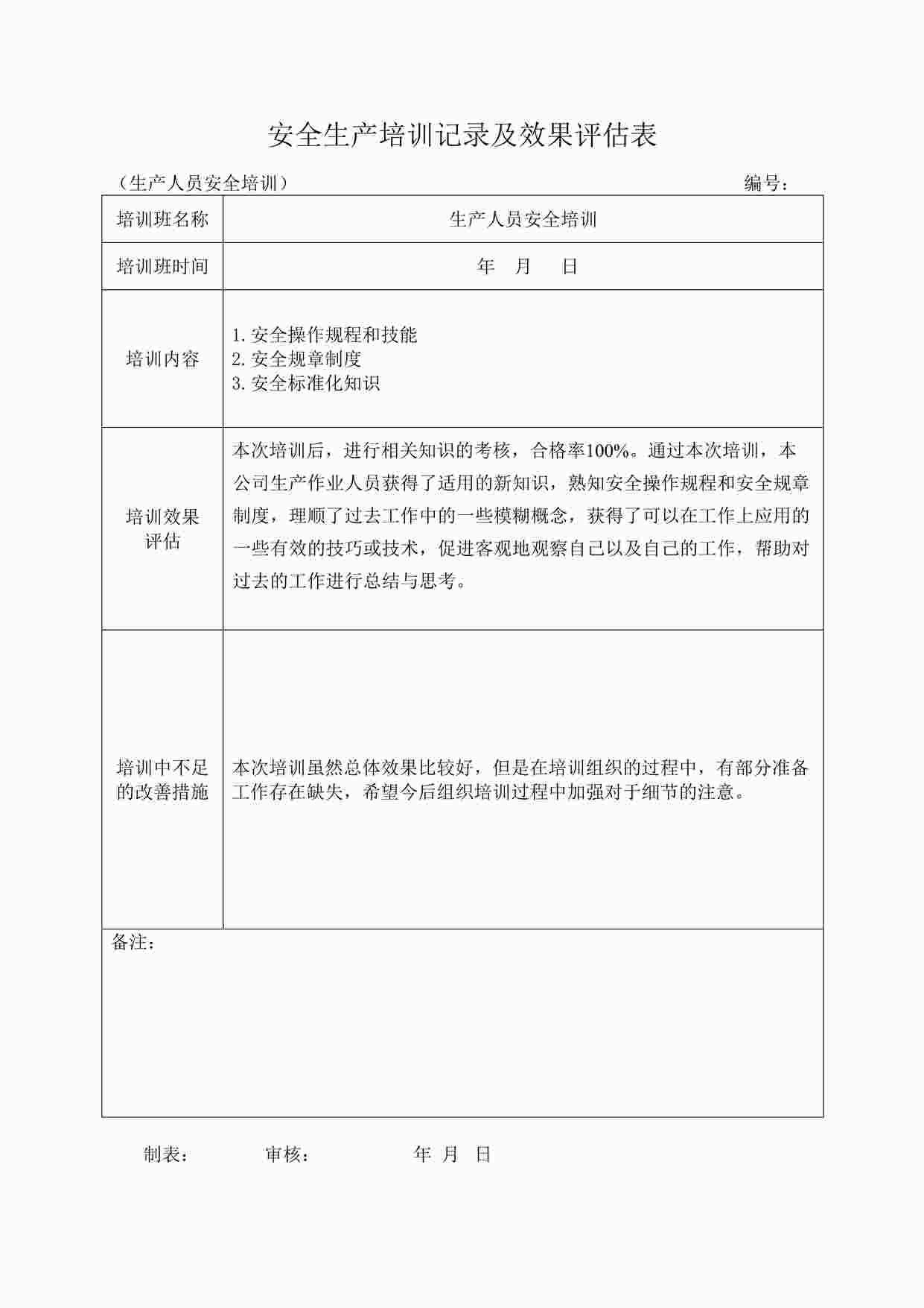 “四川某制造型企业安全培训记录效果评估表（生产人员）DOC”第1页图片